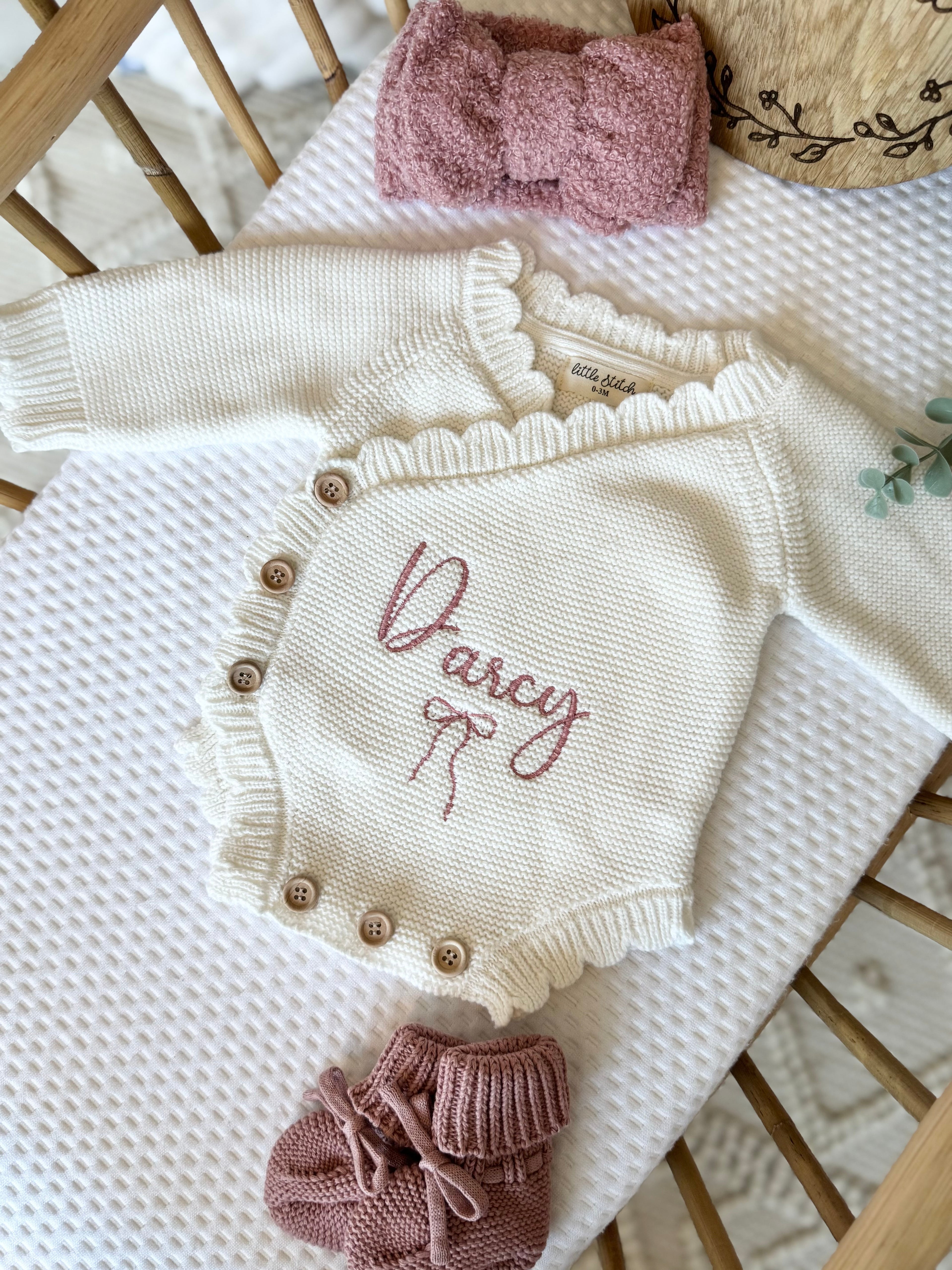 Name and bow design scallop romper