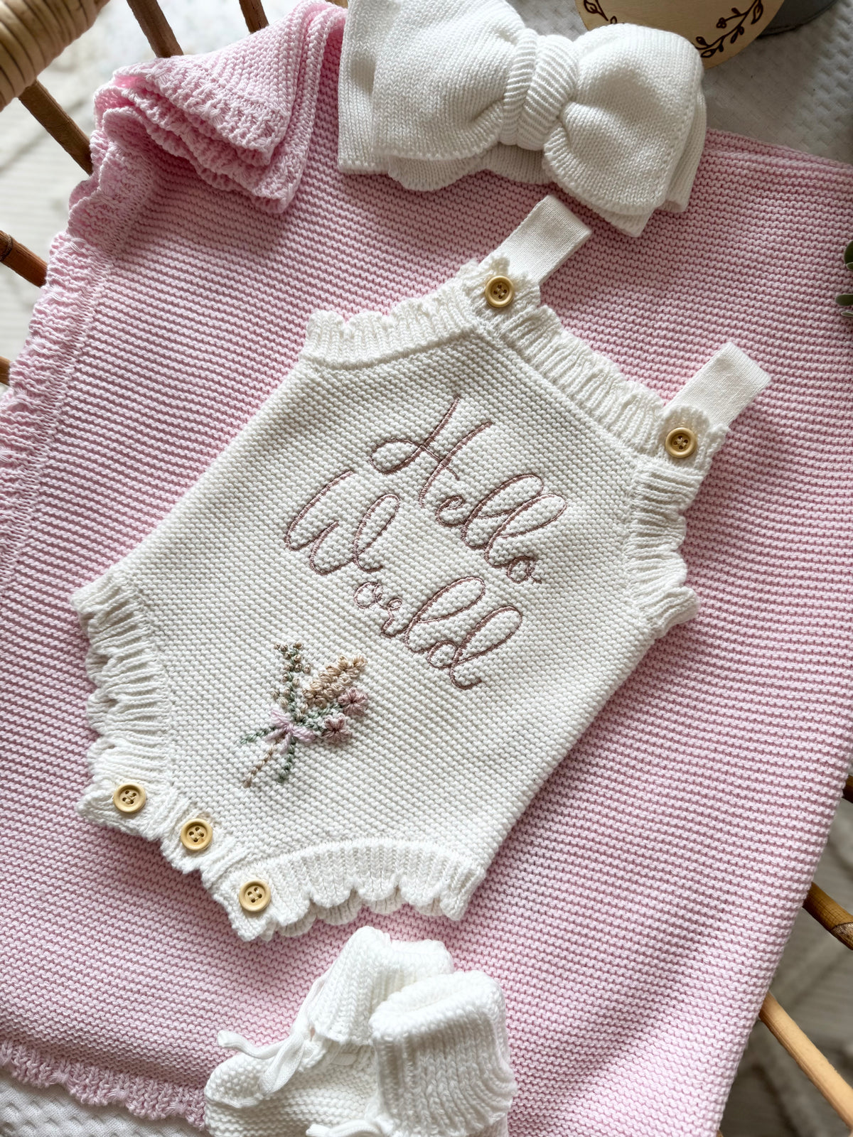 Summer scallop romper with hand embroidered floral bouquet (add a name instead of hello world too!)