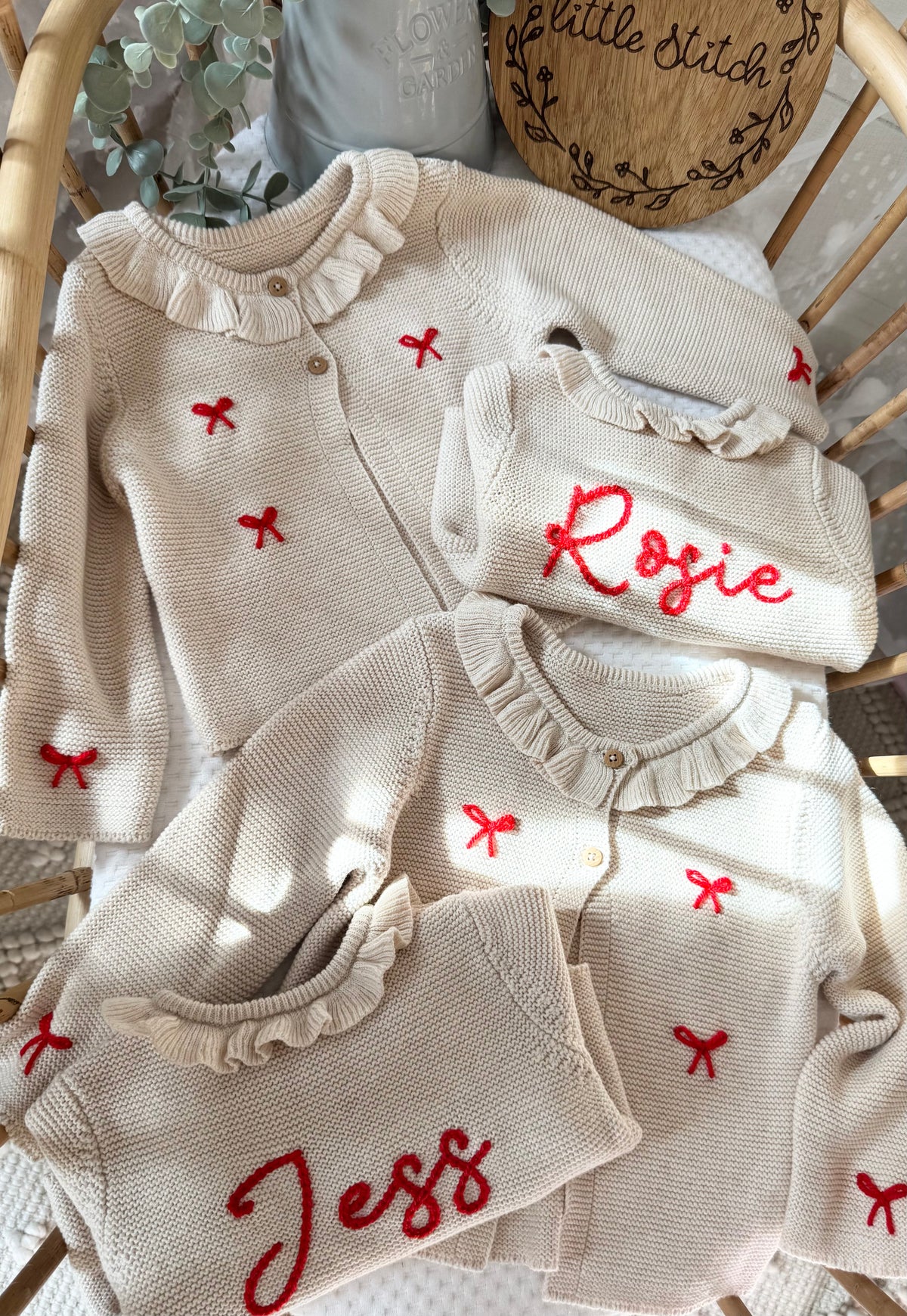 BEIGE BOW cardigan (red or pink bows) includes name - add it to notes - 4-6 week turn around