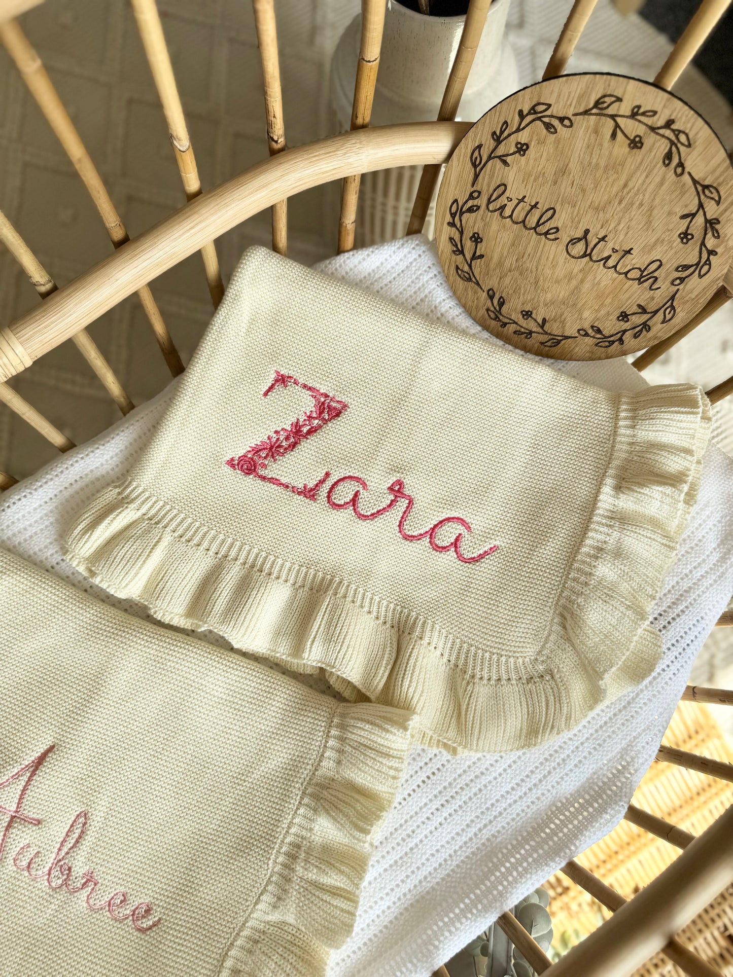 Frilly edge blanket - floral first letter