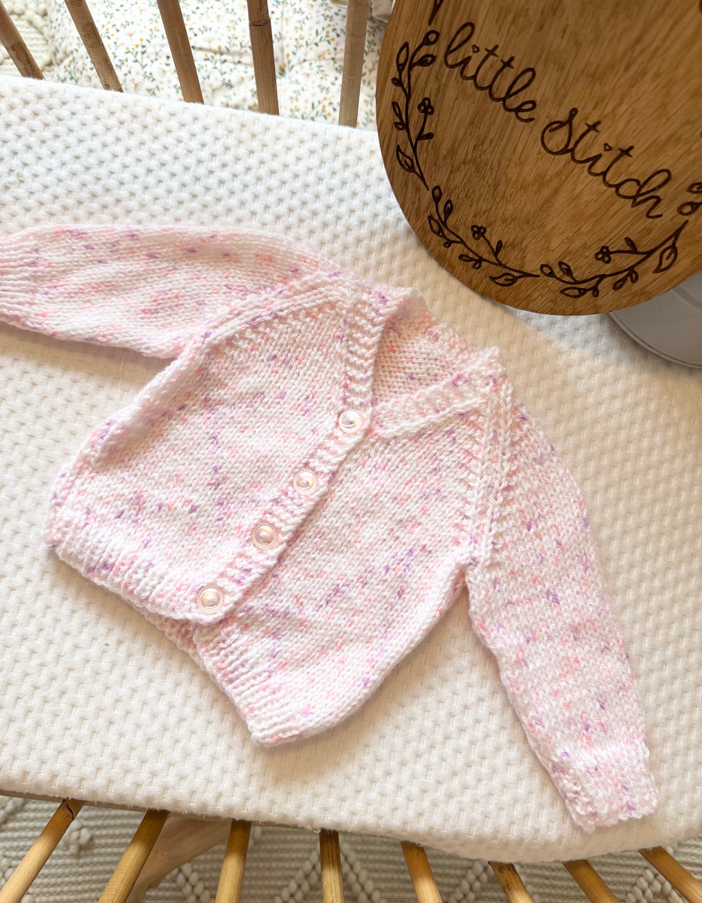 Newborn Speckle pink and purple hand knitted cardigan