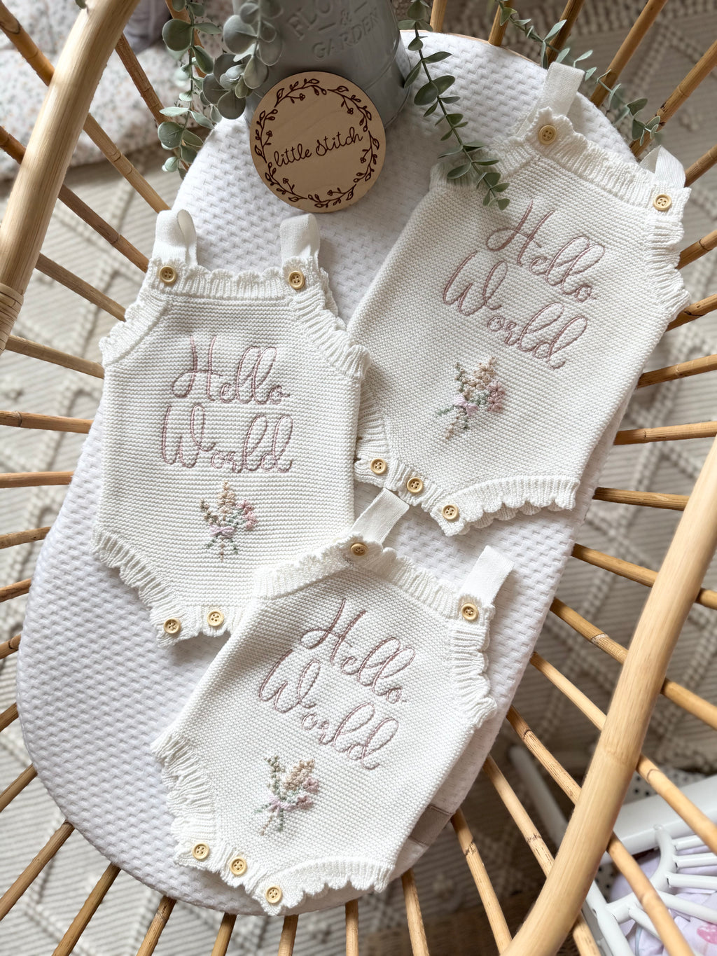 Summer scallop romper with hand embroidered floral bouquet (add a name instead of hello world too!)