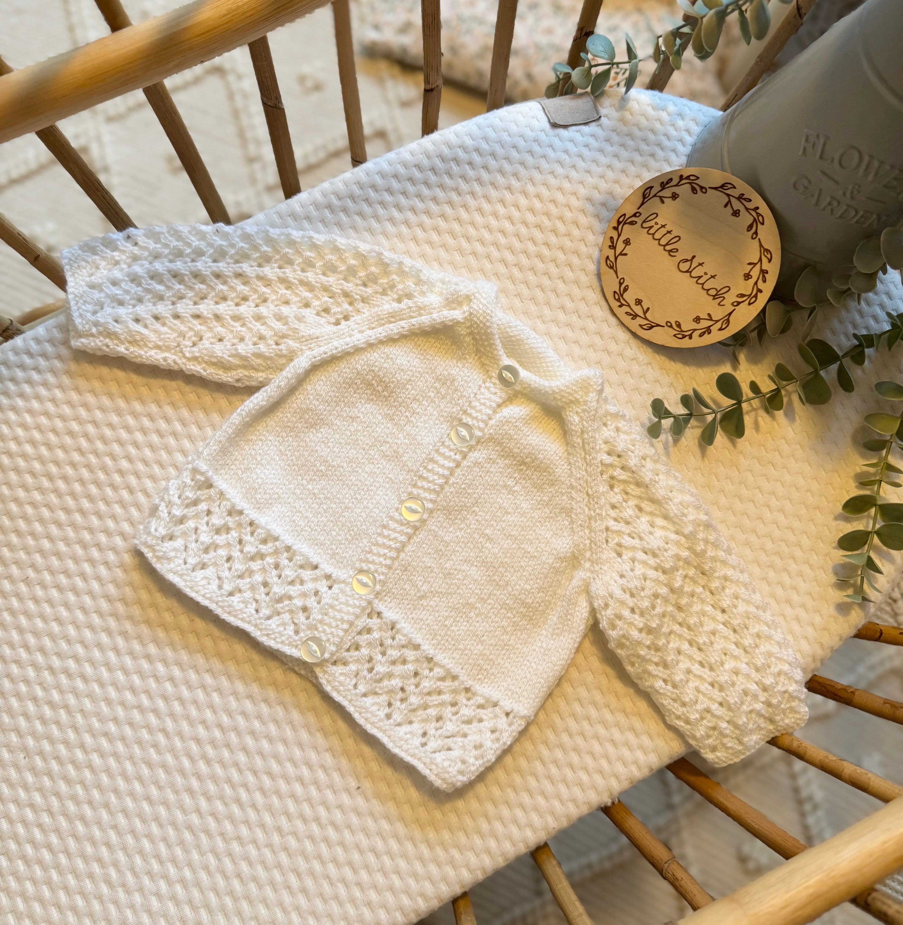 White 0-3m handknitted cardigan