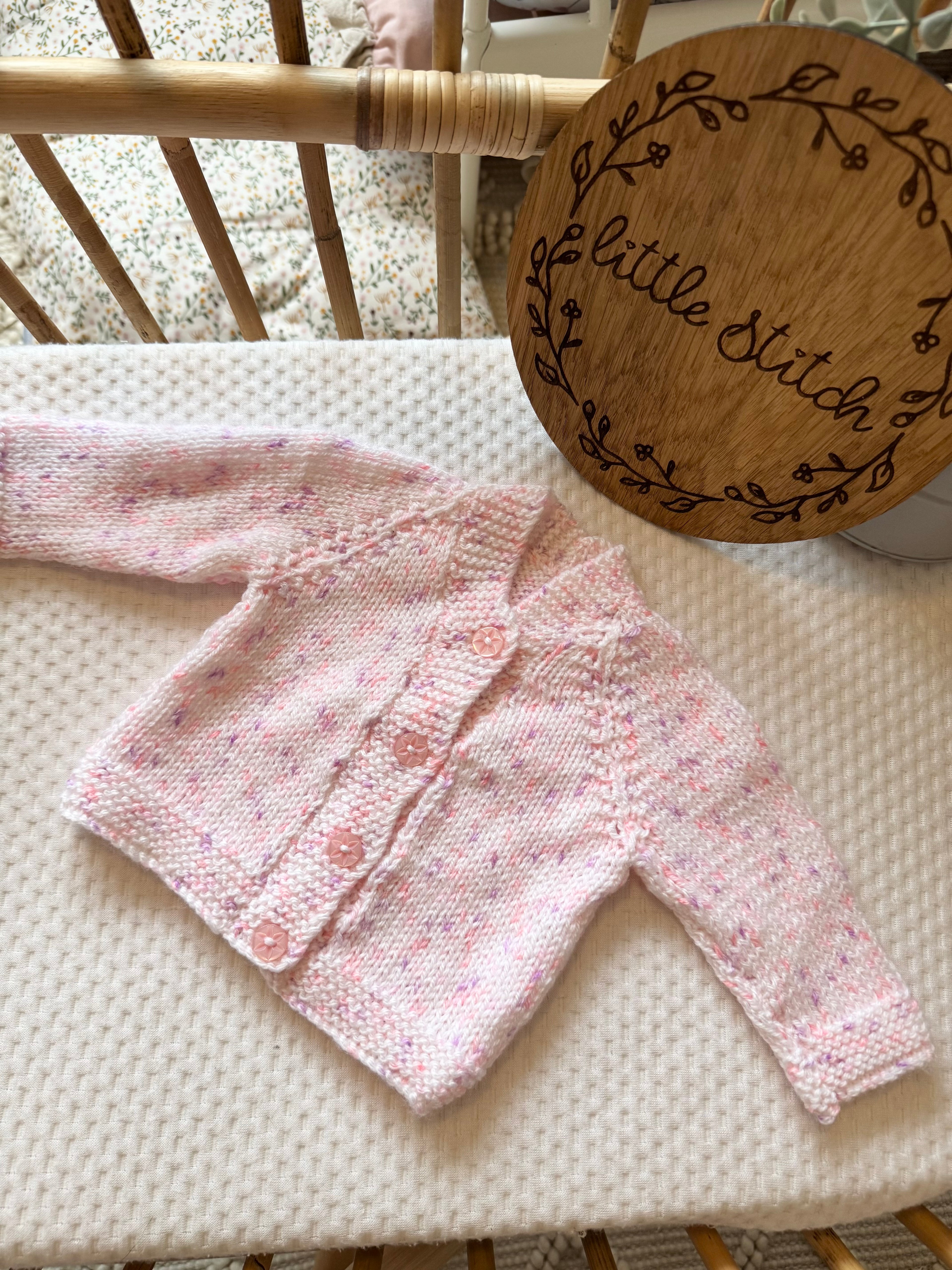 Pink and purple speckle 0-3m handknitted cardigan