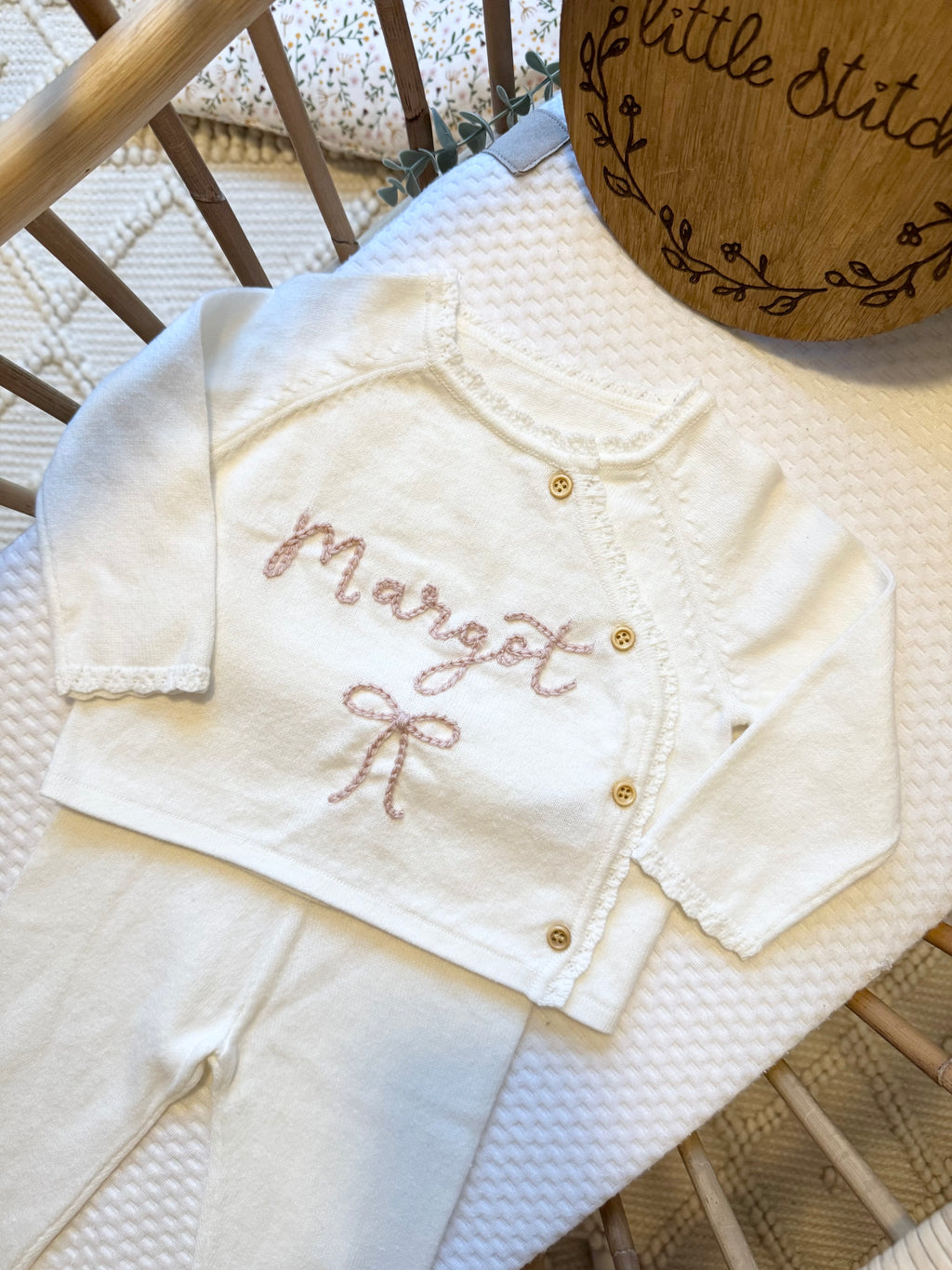 White 2 piece set - add name and pink or red wool to your cart (includes bow)