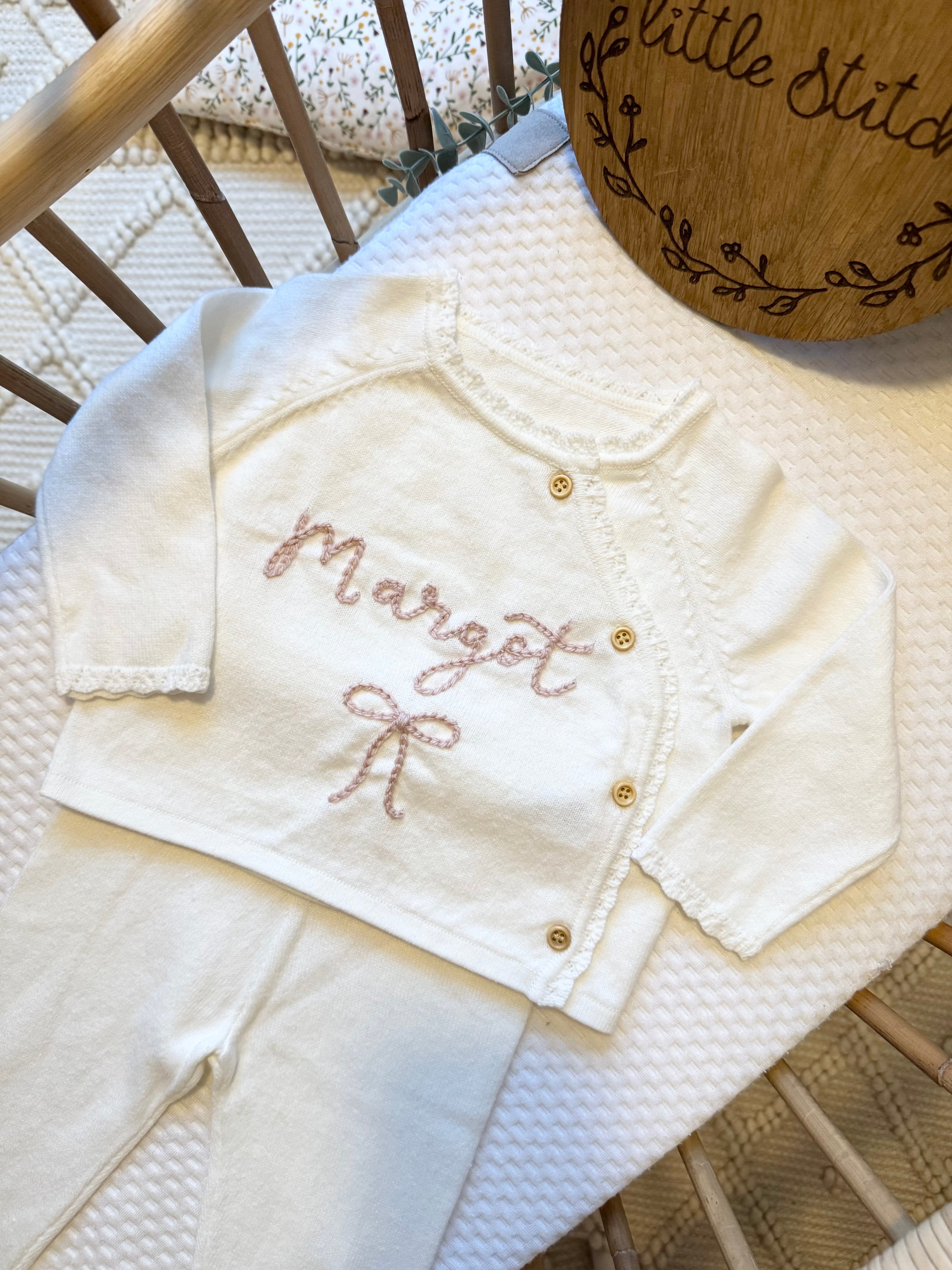 White 2 piece set - add name and pink or red wool to your cart (includes bow)