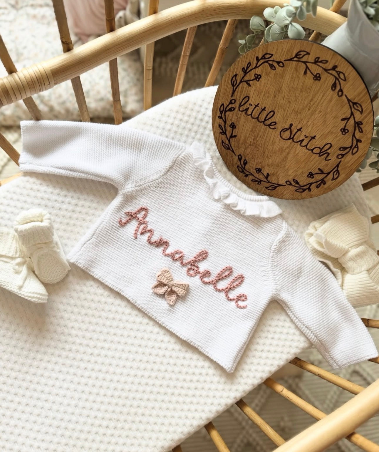 Cream frilly cardigan - name and bow design