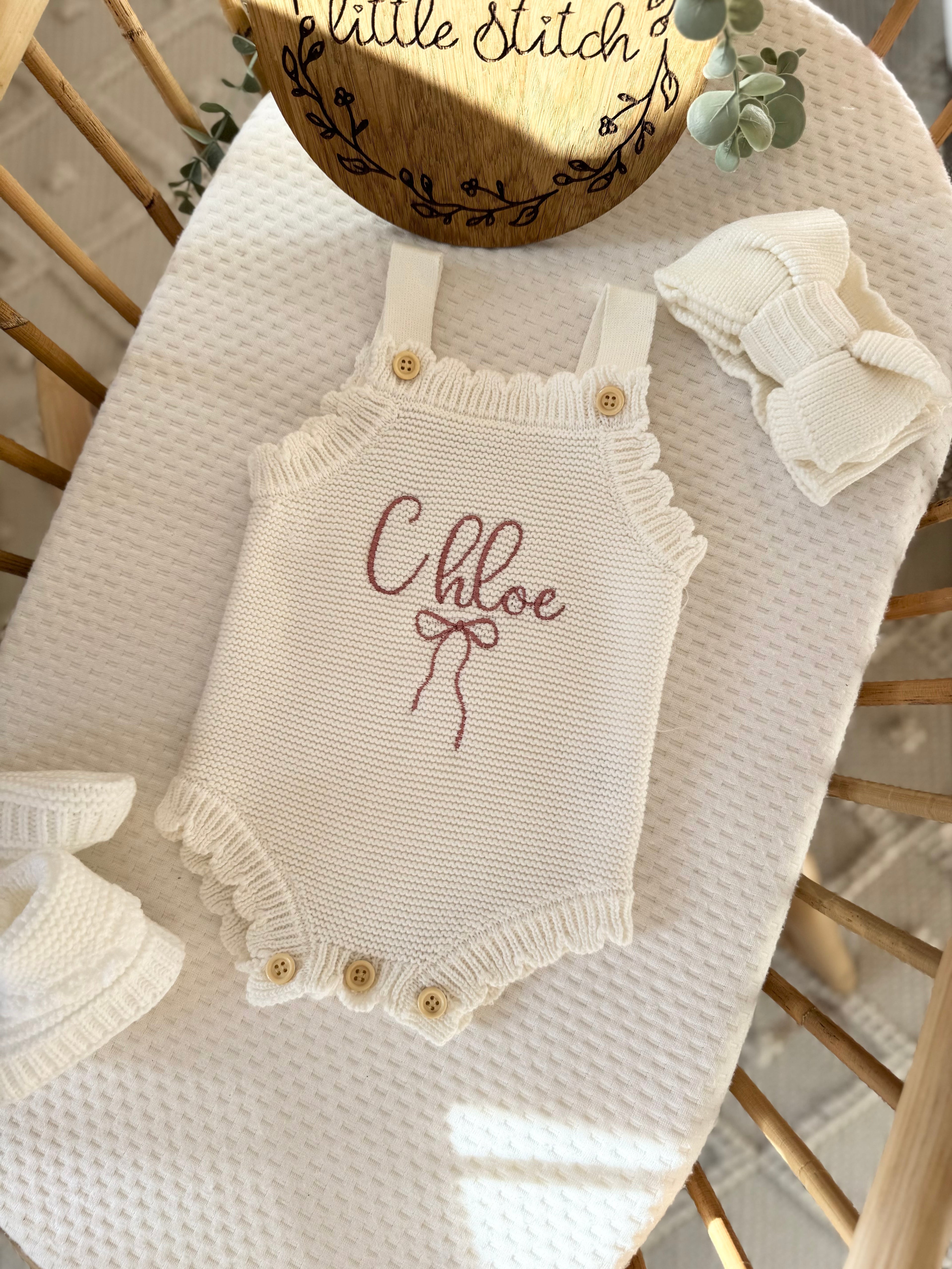 Name and bow design scallop sleeveless romper