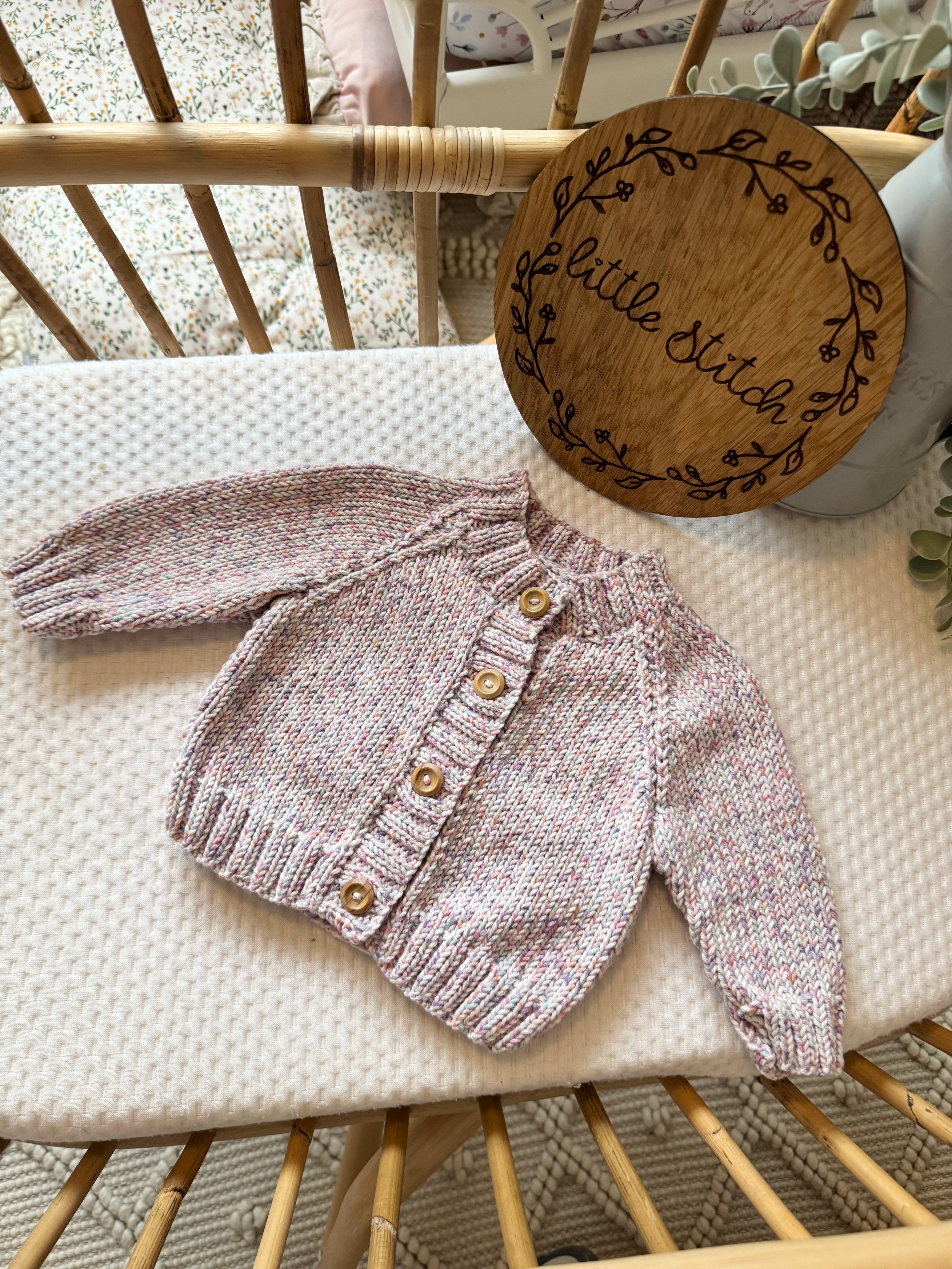 Purple fleck 3-6m handknitted cardigan