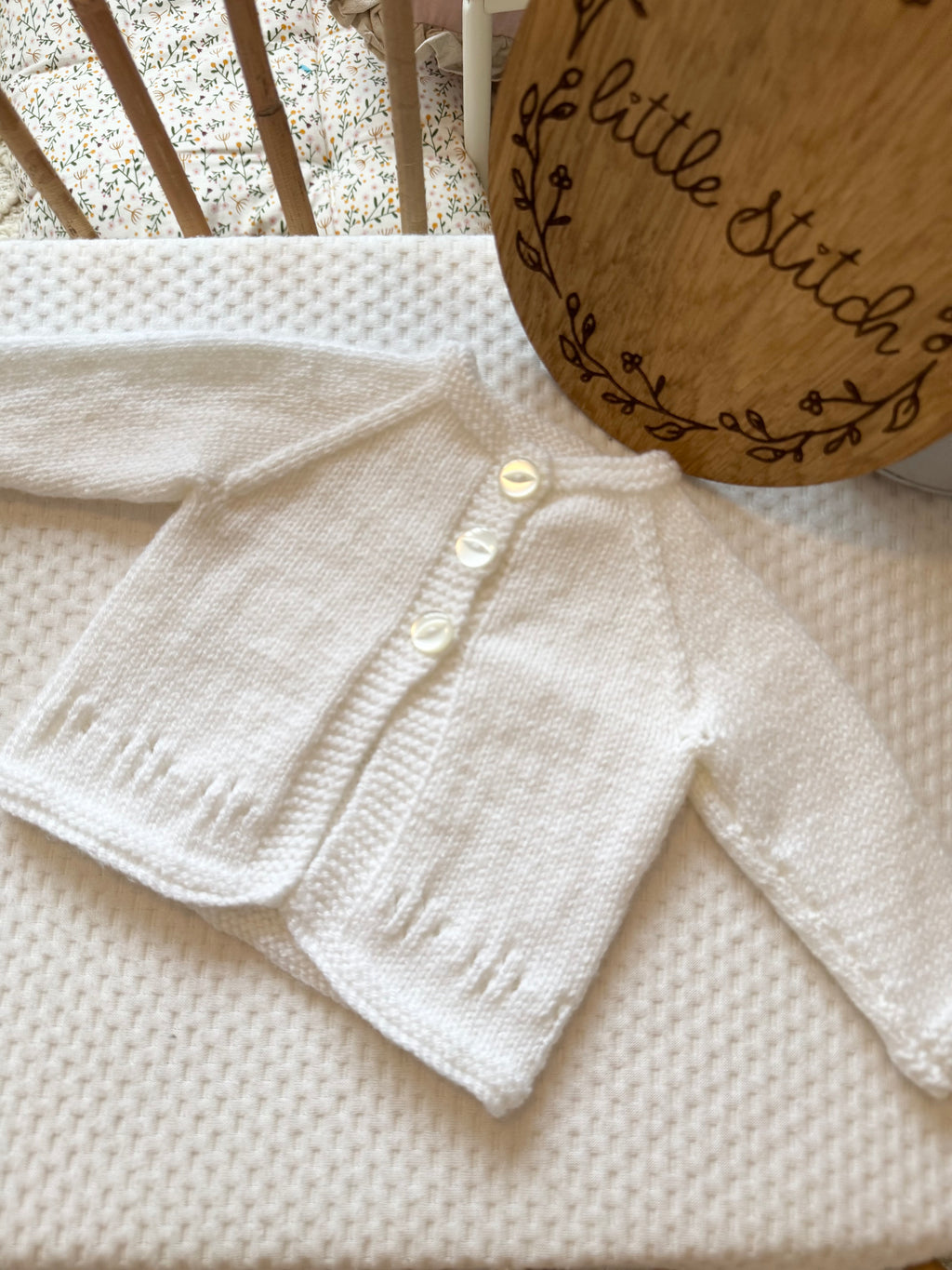 White 3-6m handknitted cardigan