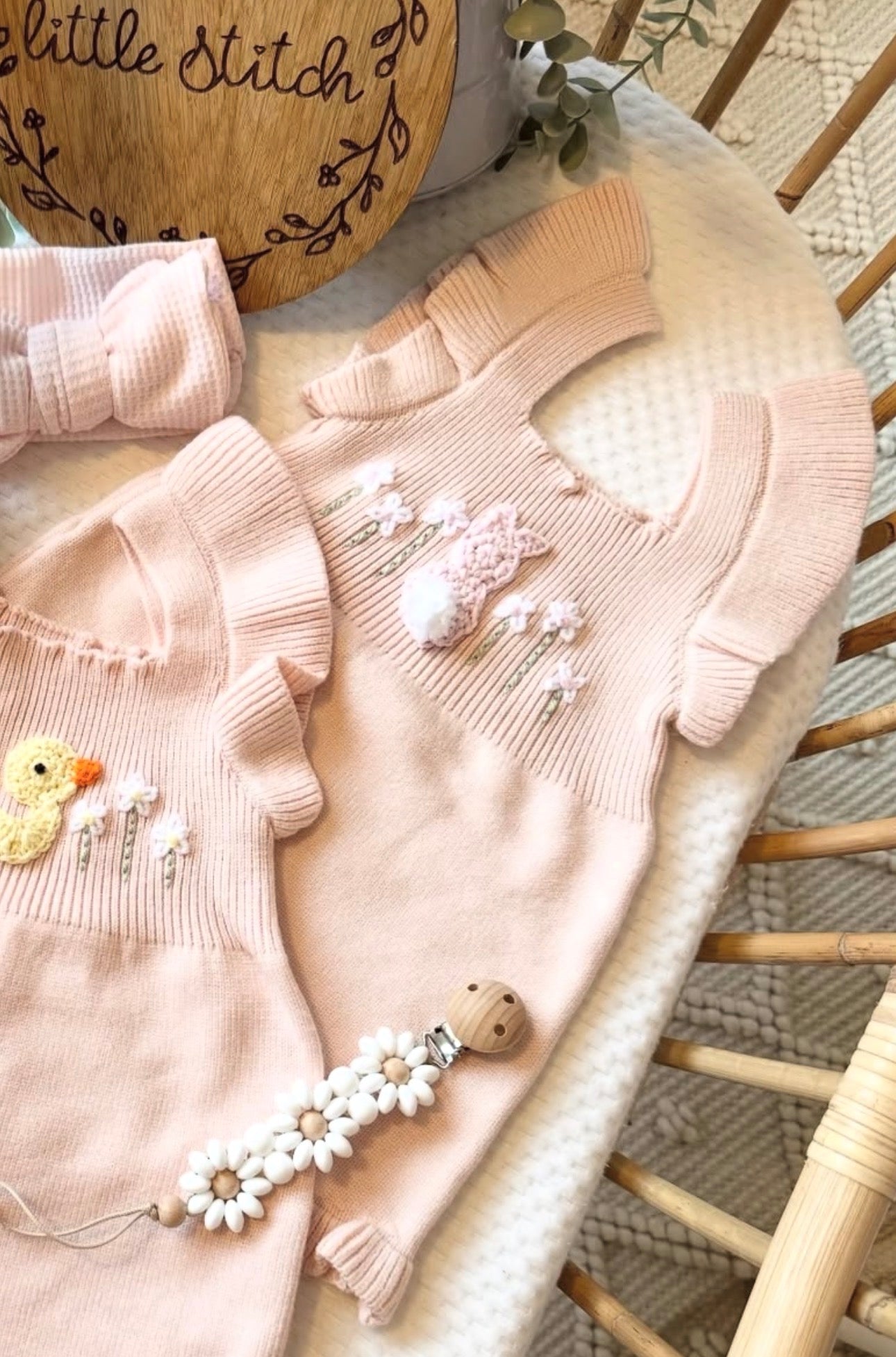 Ready to post - bunny and flowers pink romper 12-18m