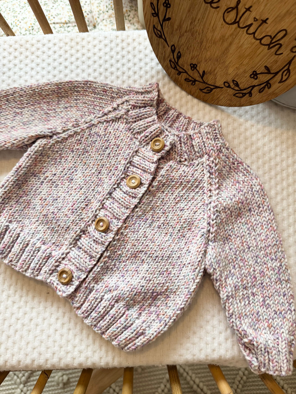Purple fleck 3-6m handknitted cardigan