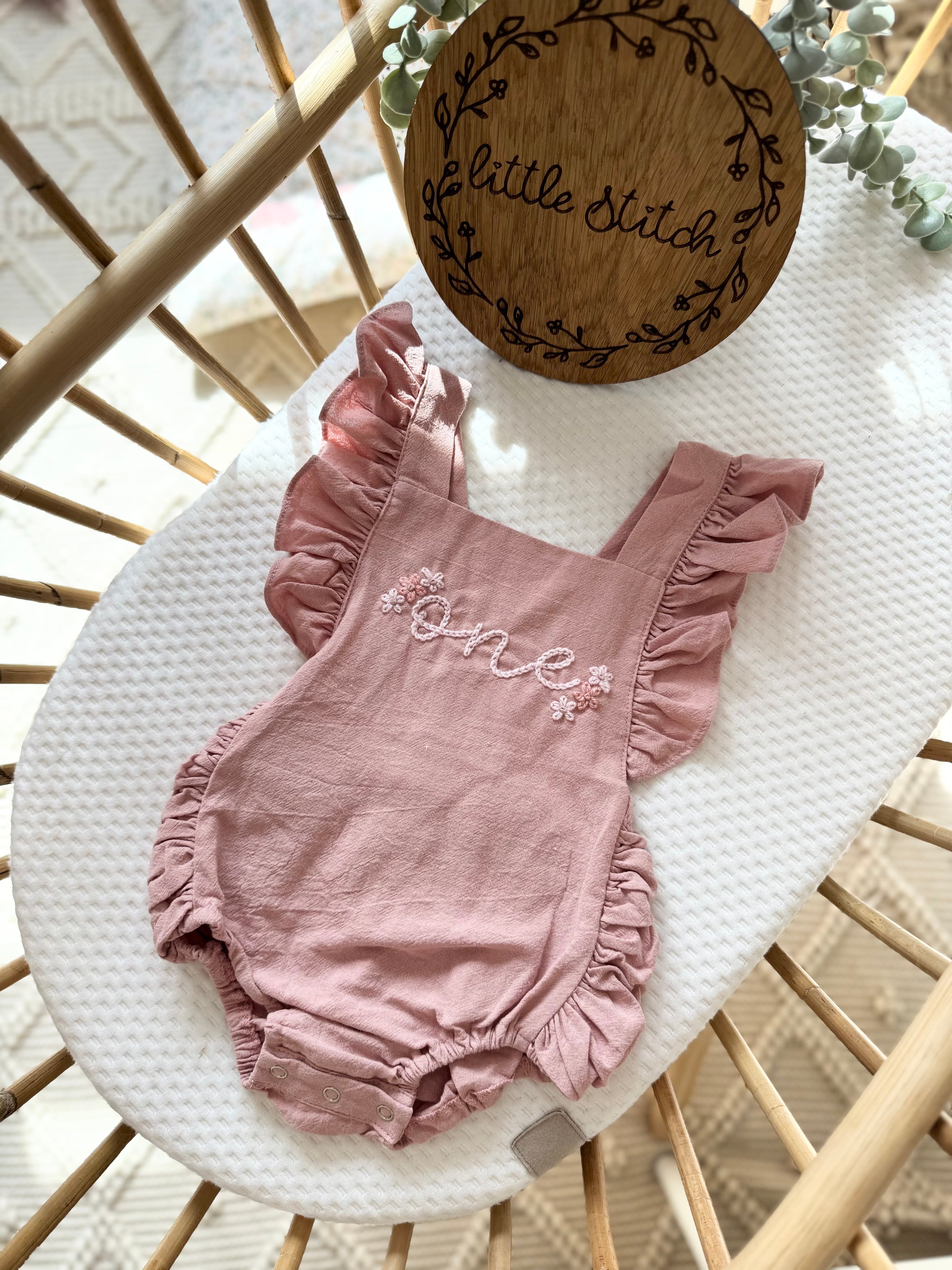 Ready to post - pink floral cluster romper 6-12m