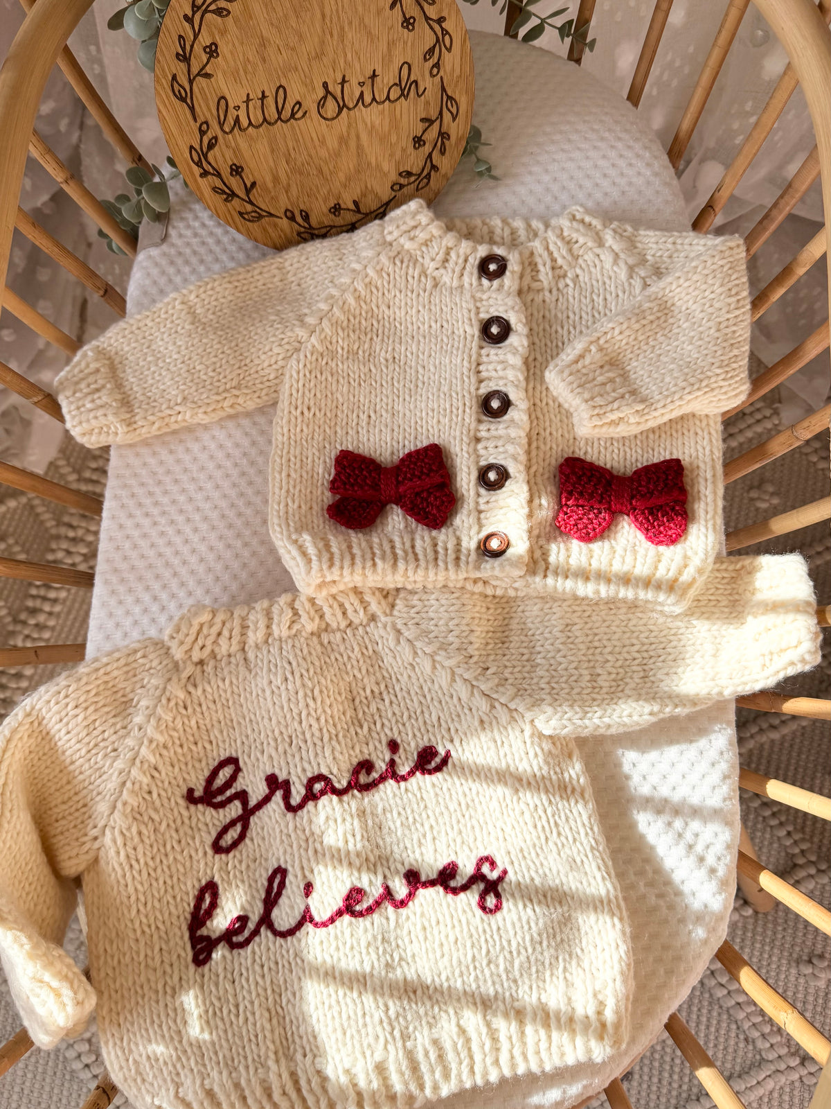 Hand knitted bow cardigan - includes 1 name added to the back