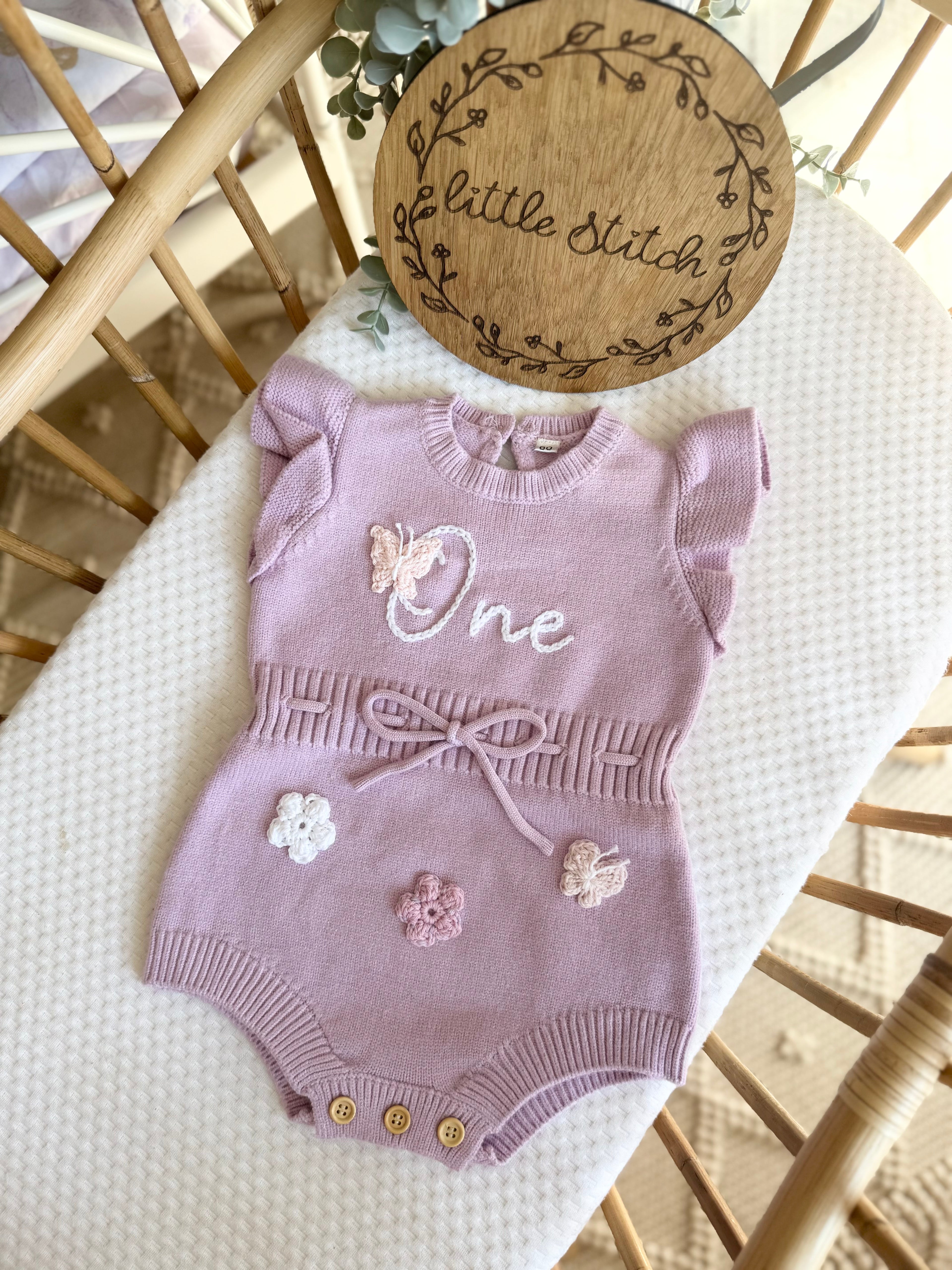 Purple crotchet one romper 9-12m