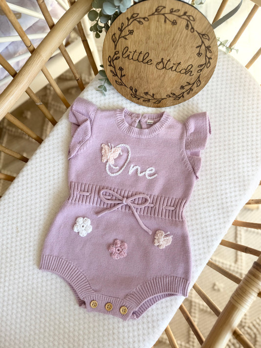 Purple crotchet one romper 9-12m