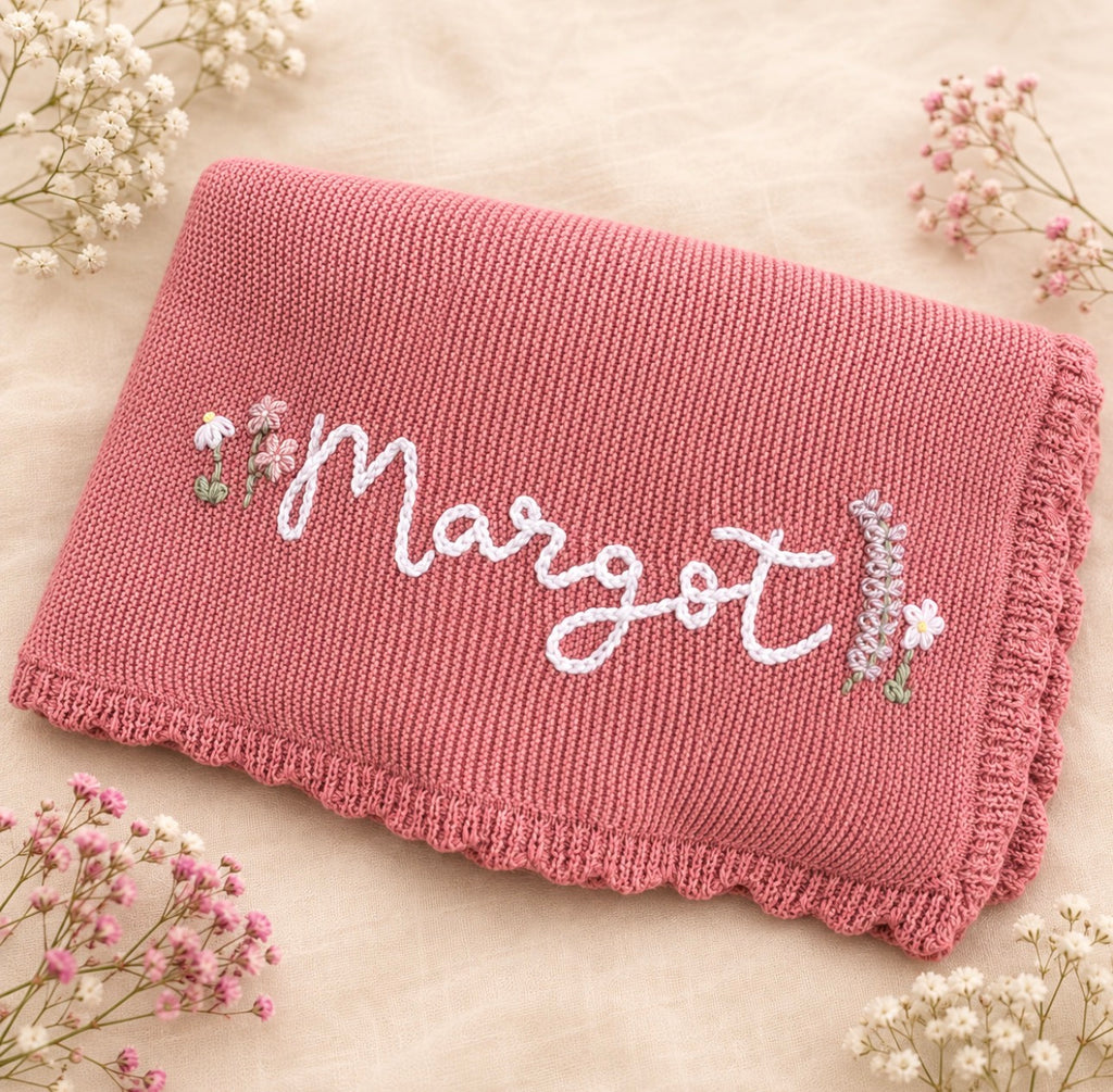 Hand embroidered name and flowers design (2-3 week turnaround)