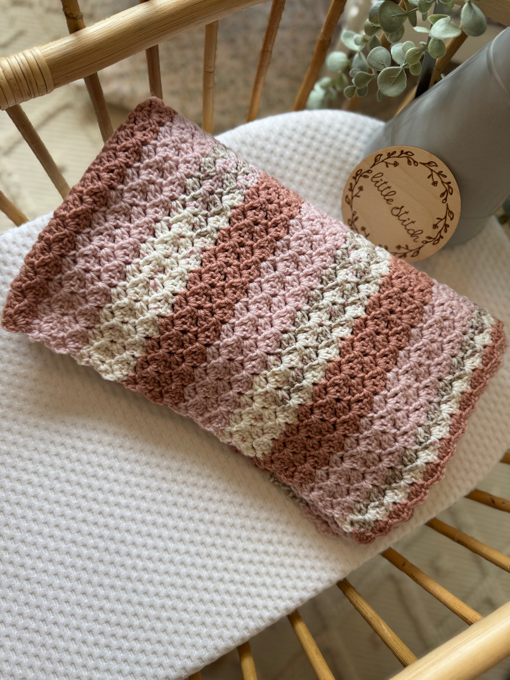 Hand crotched blanket - mix of pinks and cream