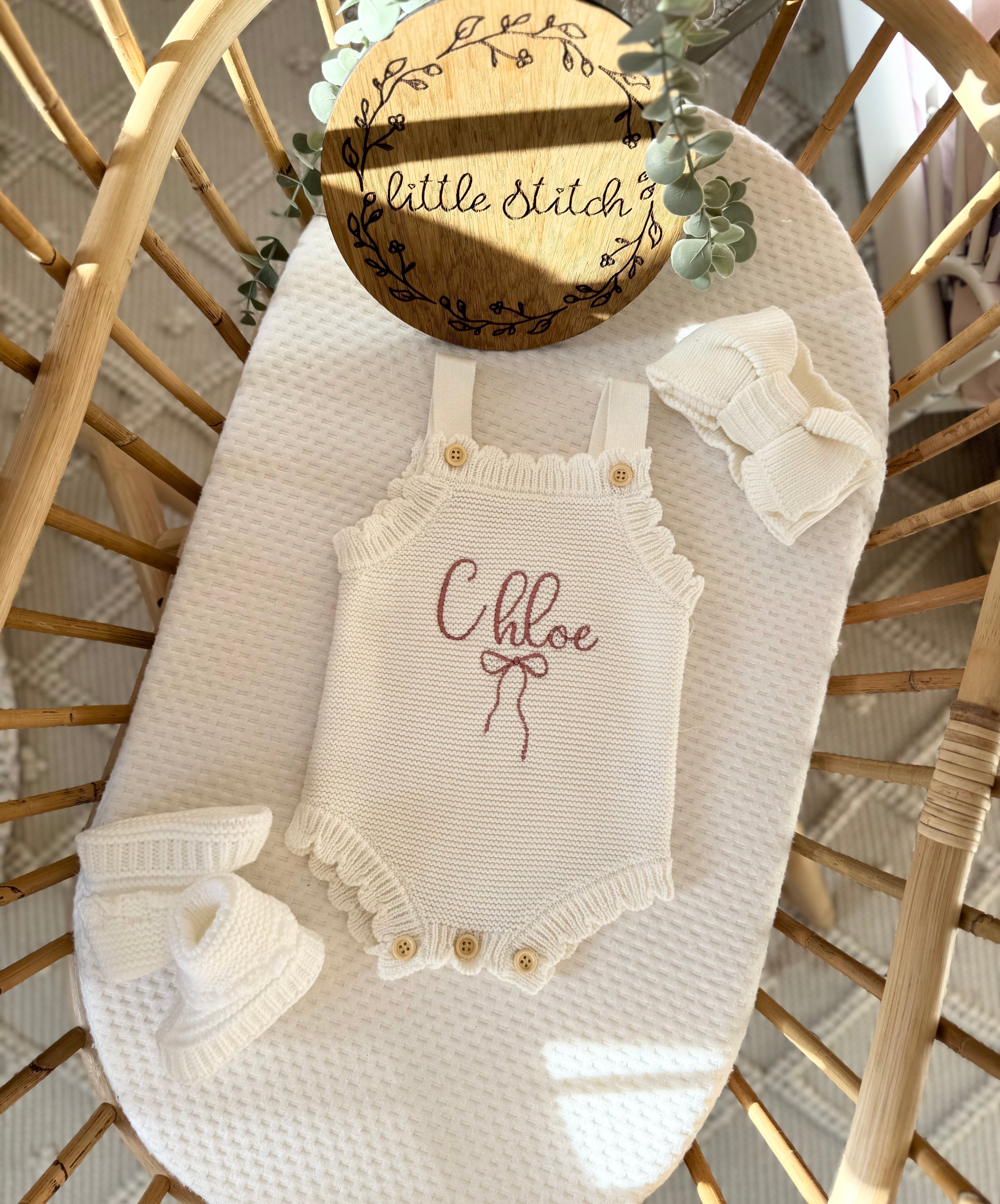 Name and bow design scallop sleeveless romper