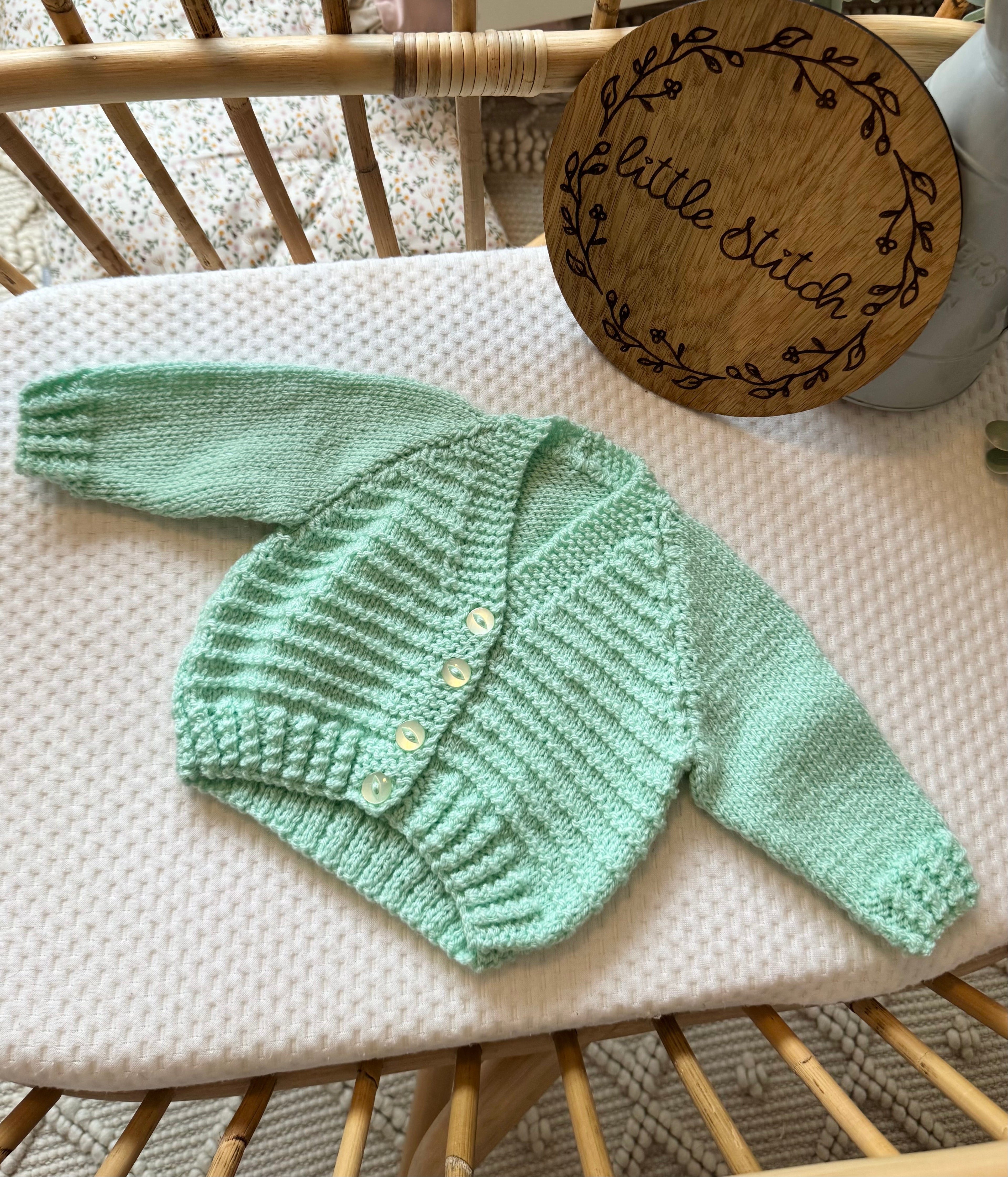 Mint green 3-6m handknitted cardigan