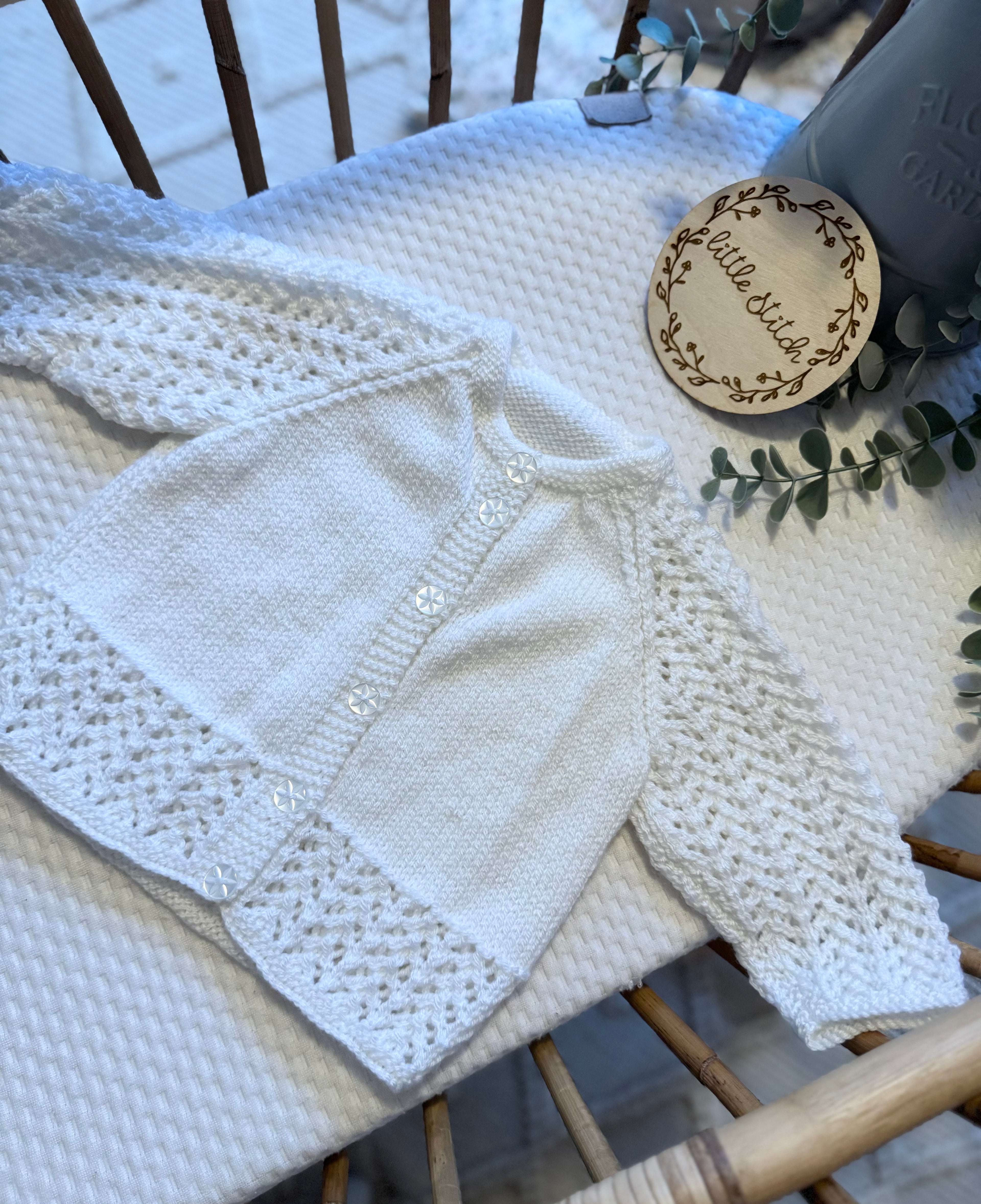 White 6-9m handknitted cardigan