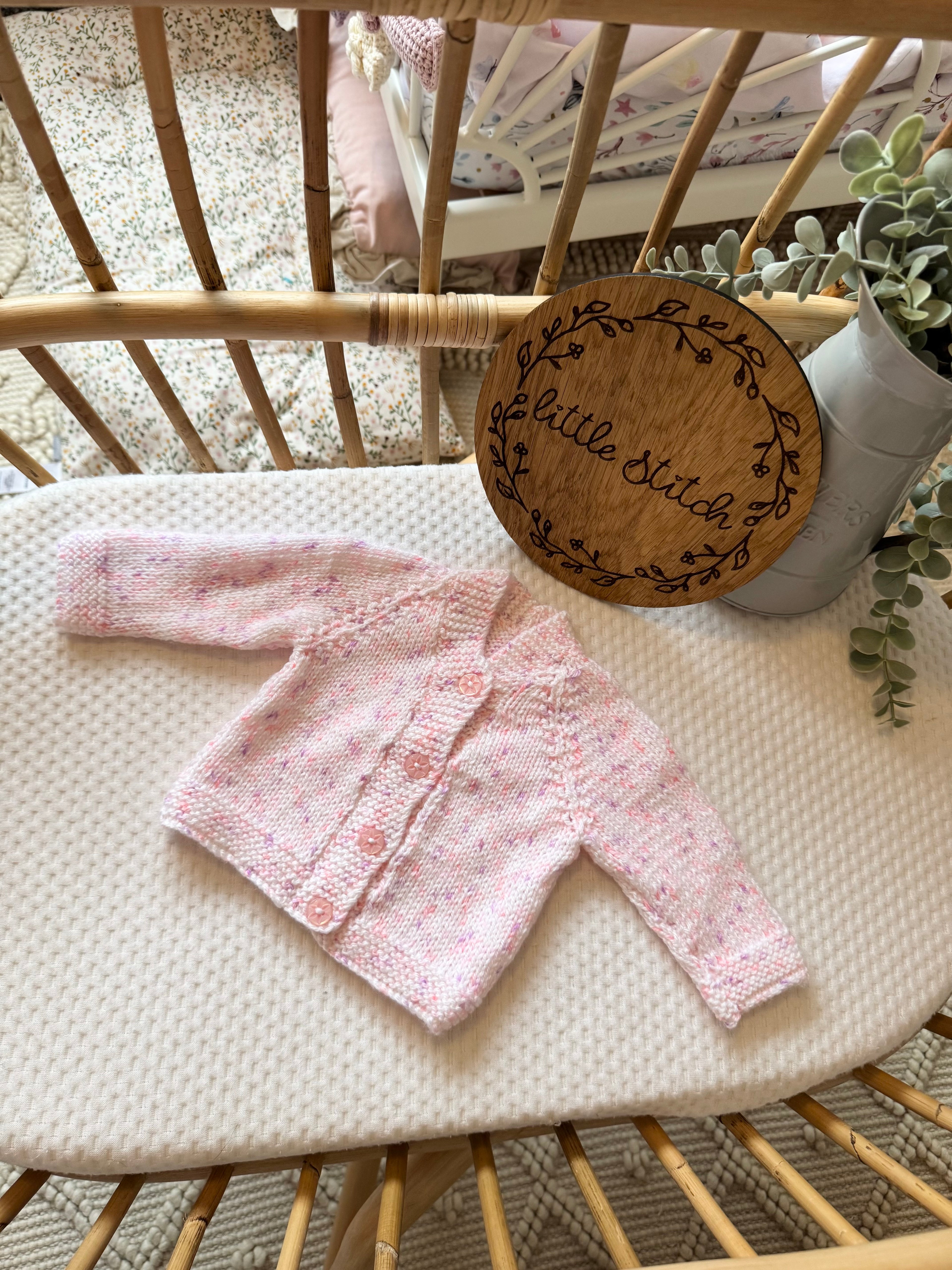 Pink and purple speckle 0-3m handknitted cardigan