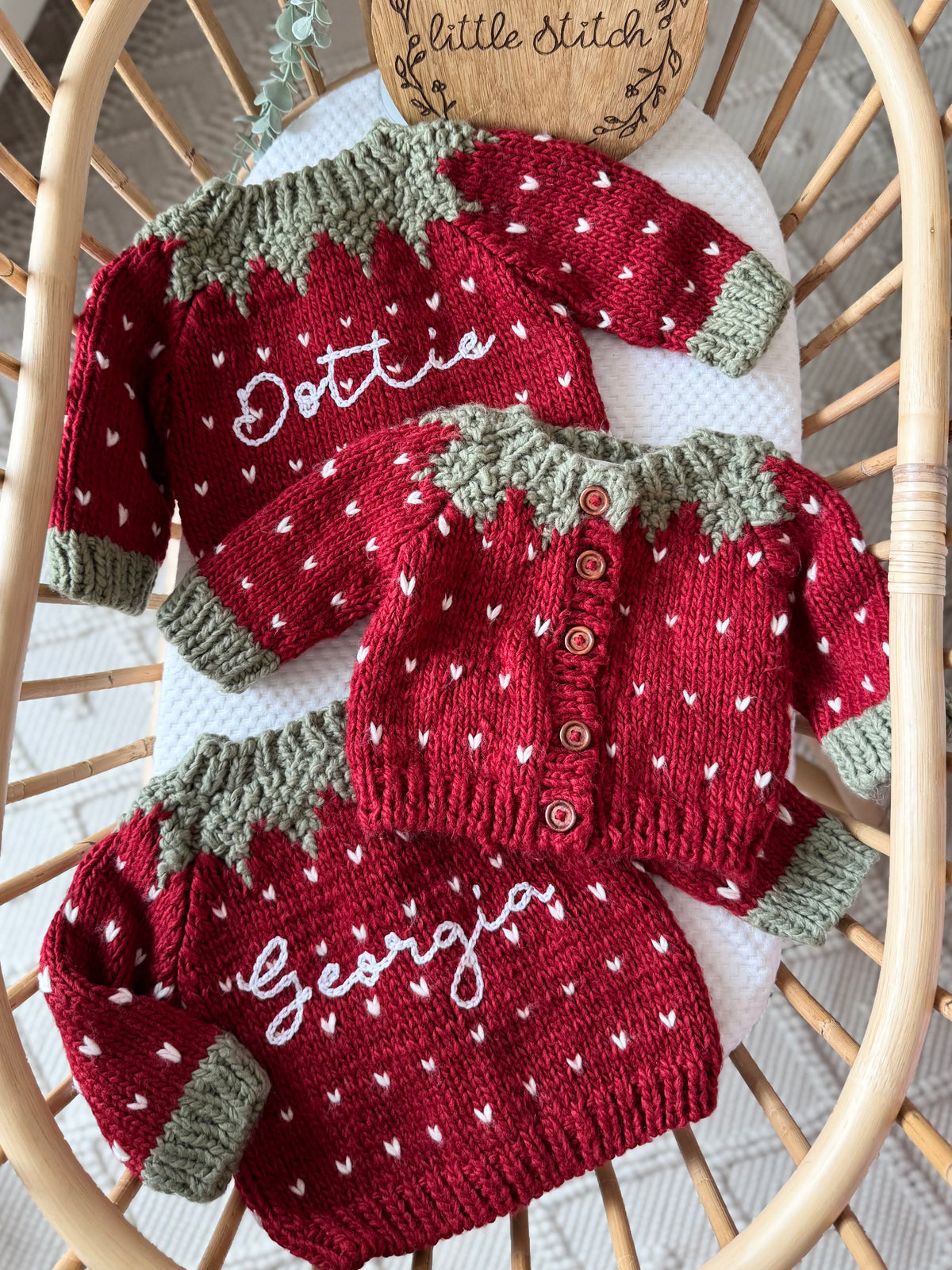 Strawberry hand knitted cardigan - includes 1 single name