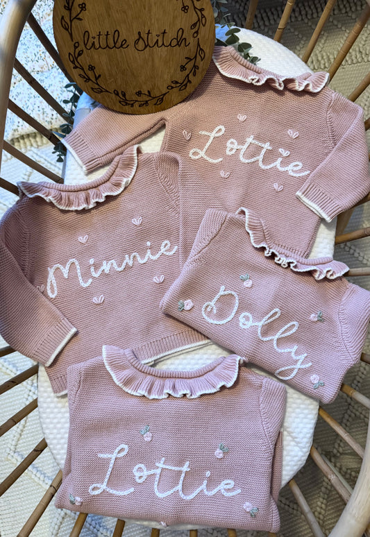 Pink frilly cardigan - name included