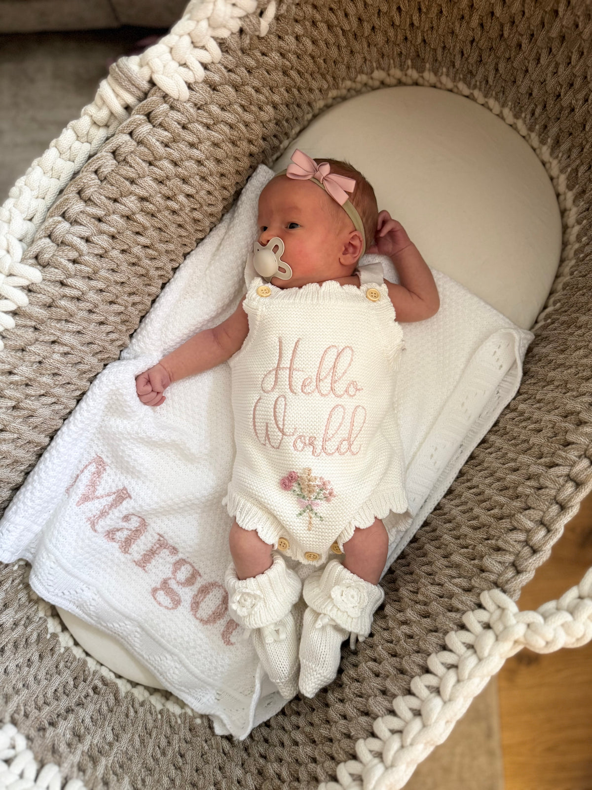 Summer scallop romper with hand embroidered floral bouquet (add a name instead of hello world too!)