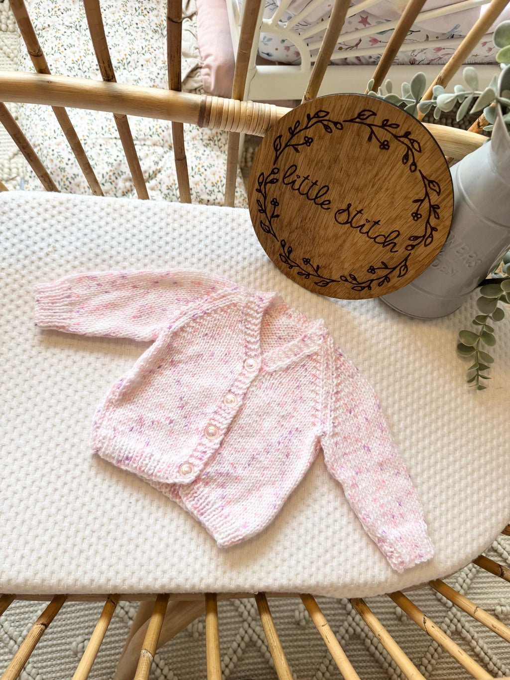 Newborn Speckle pink and purple hand knitted cardigan