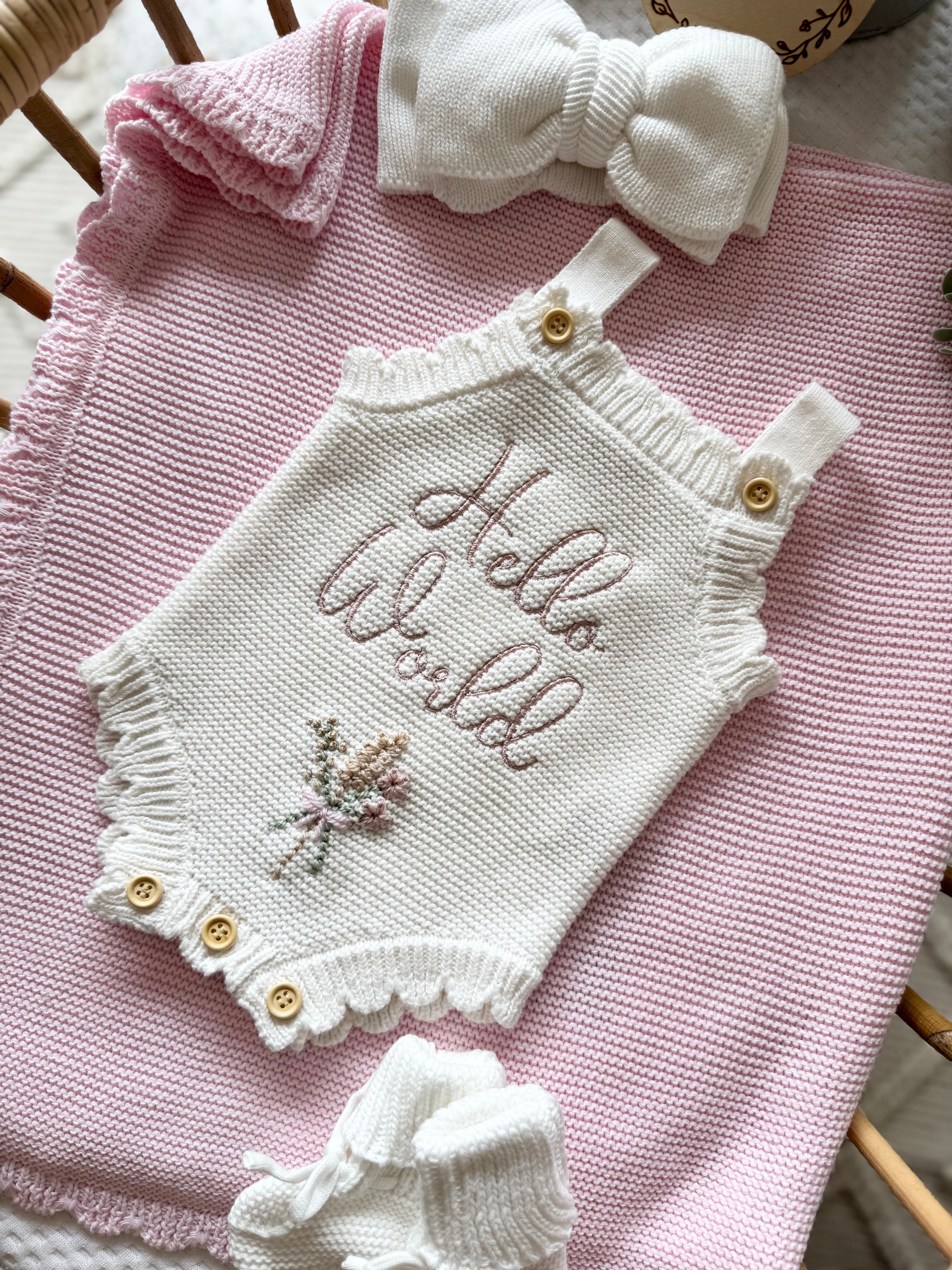 Summer scallop romper with hand embroidered floral bouquet