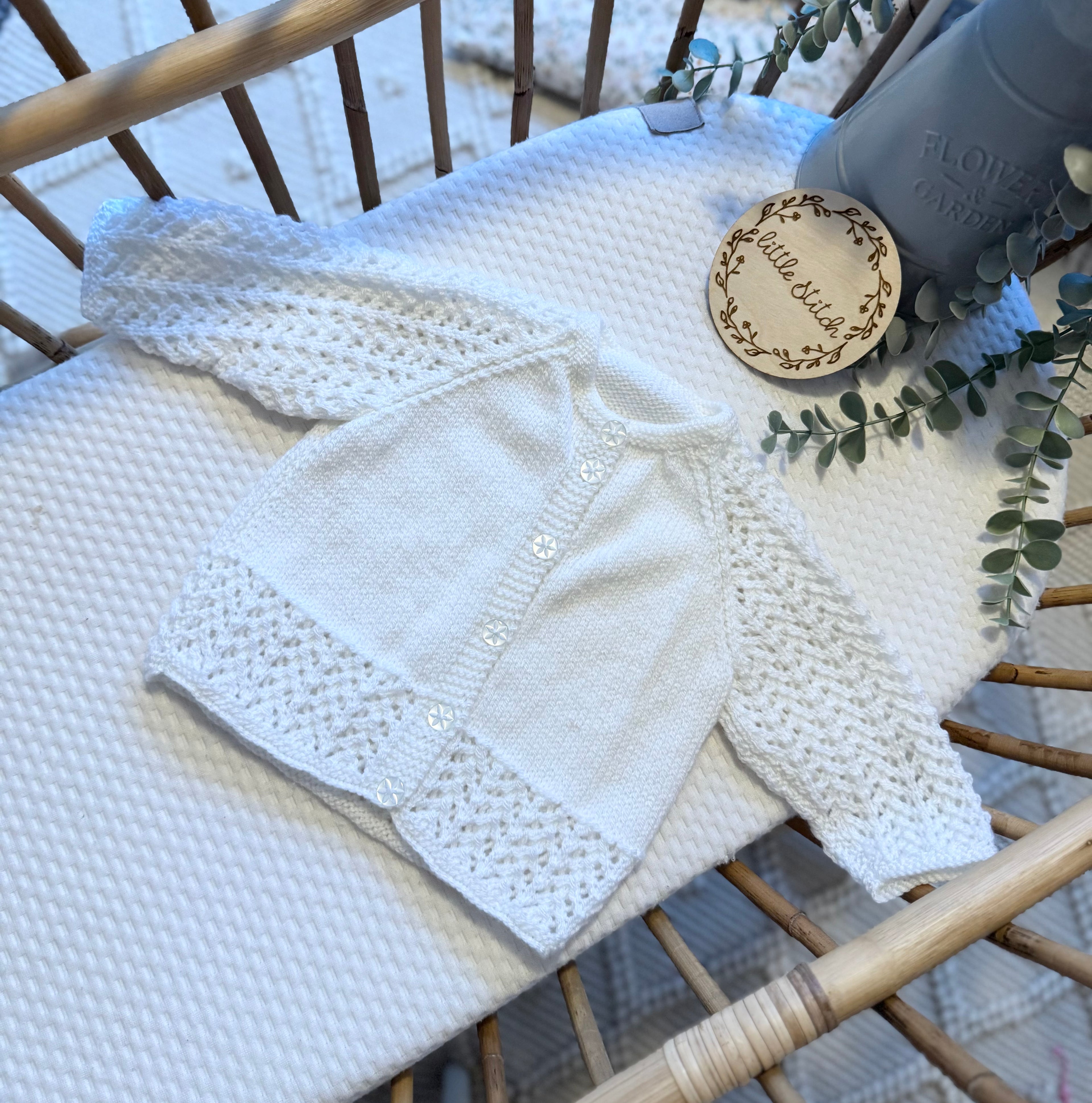 White 6-9m handknitted cardigan