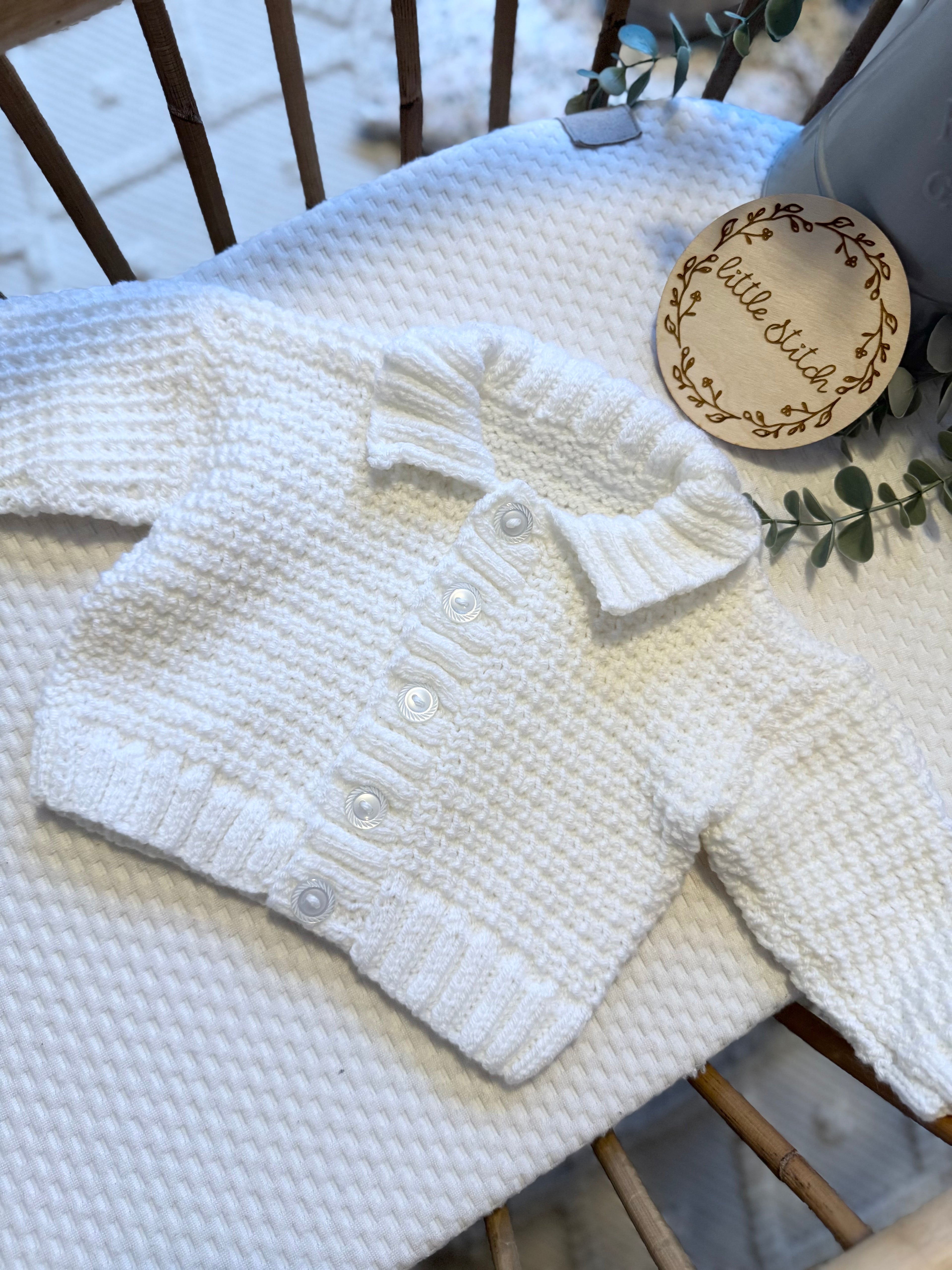 White 6-9m handknitted cardigan