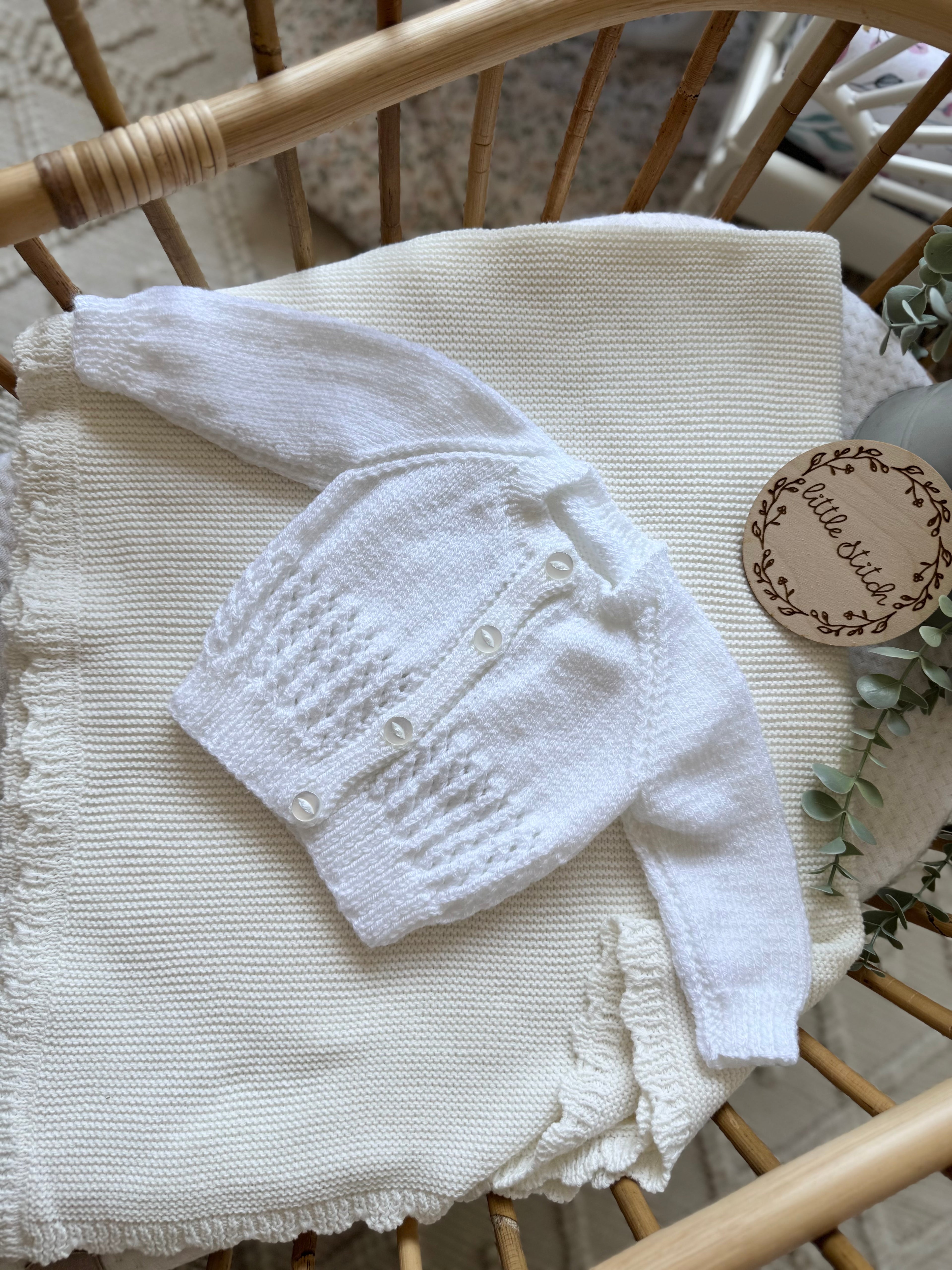 White 0-3m hand knitted cardigan