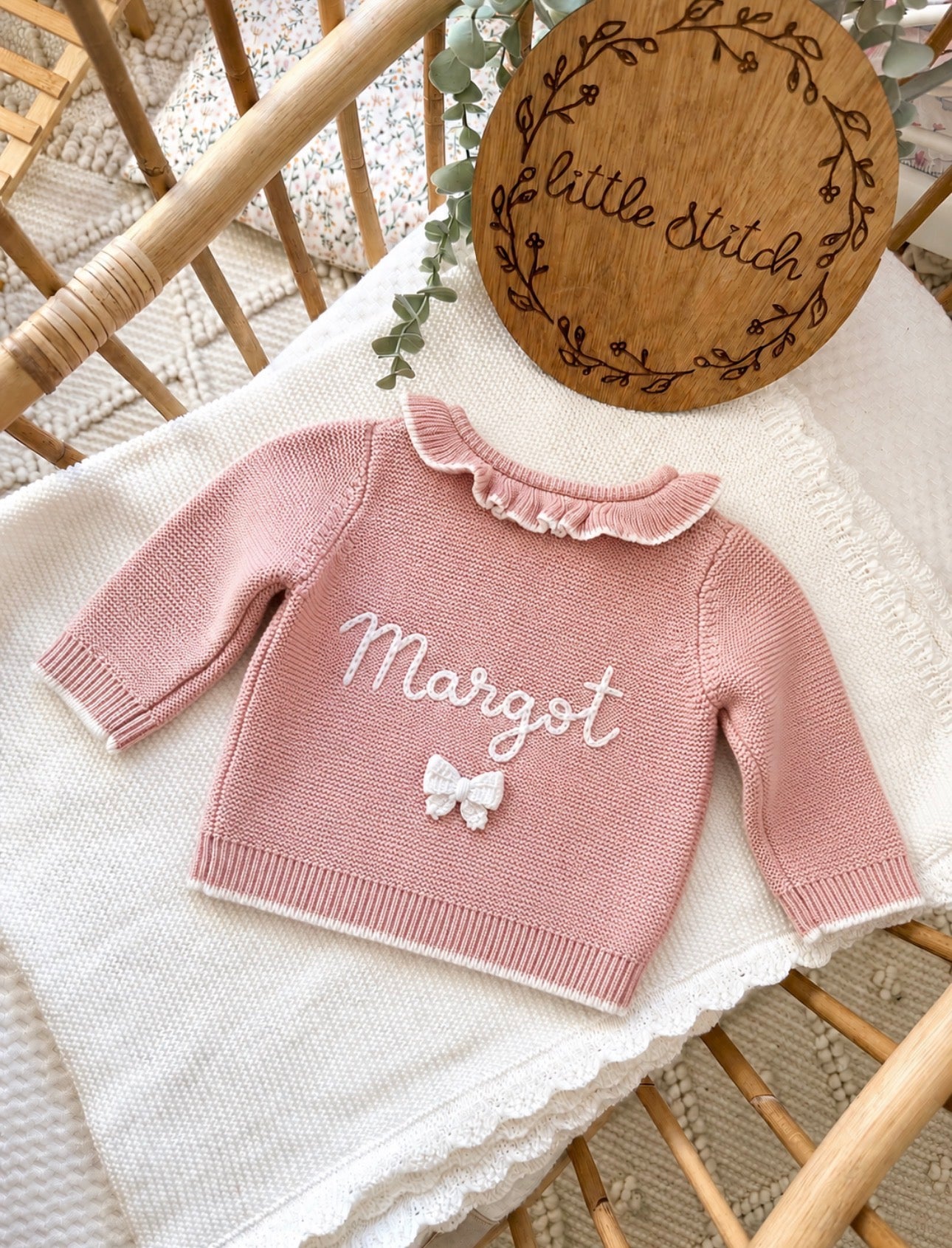 Name and bow design pink frilly cardigan