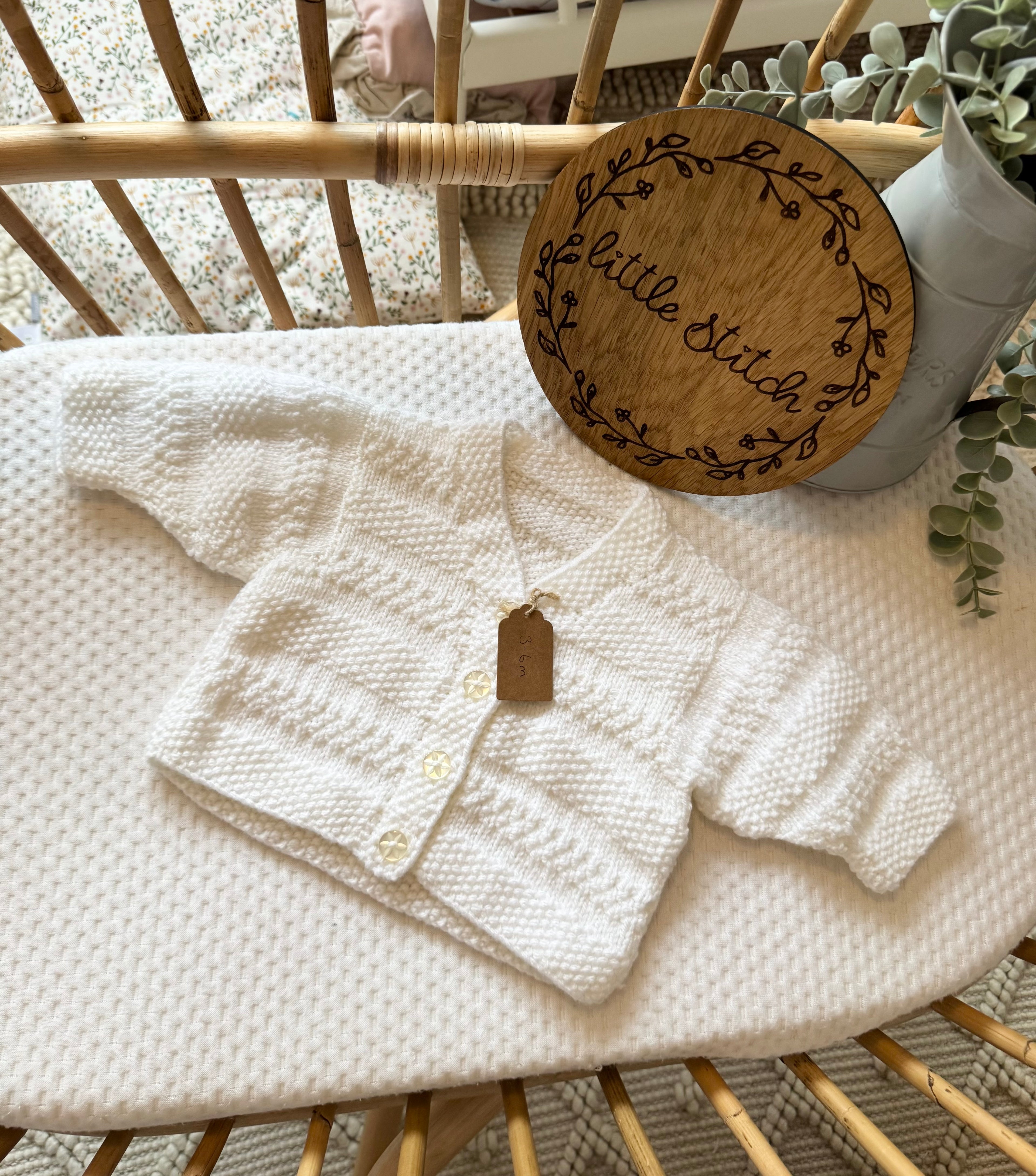 White 3-6m handknitted cardigan