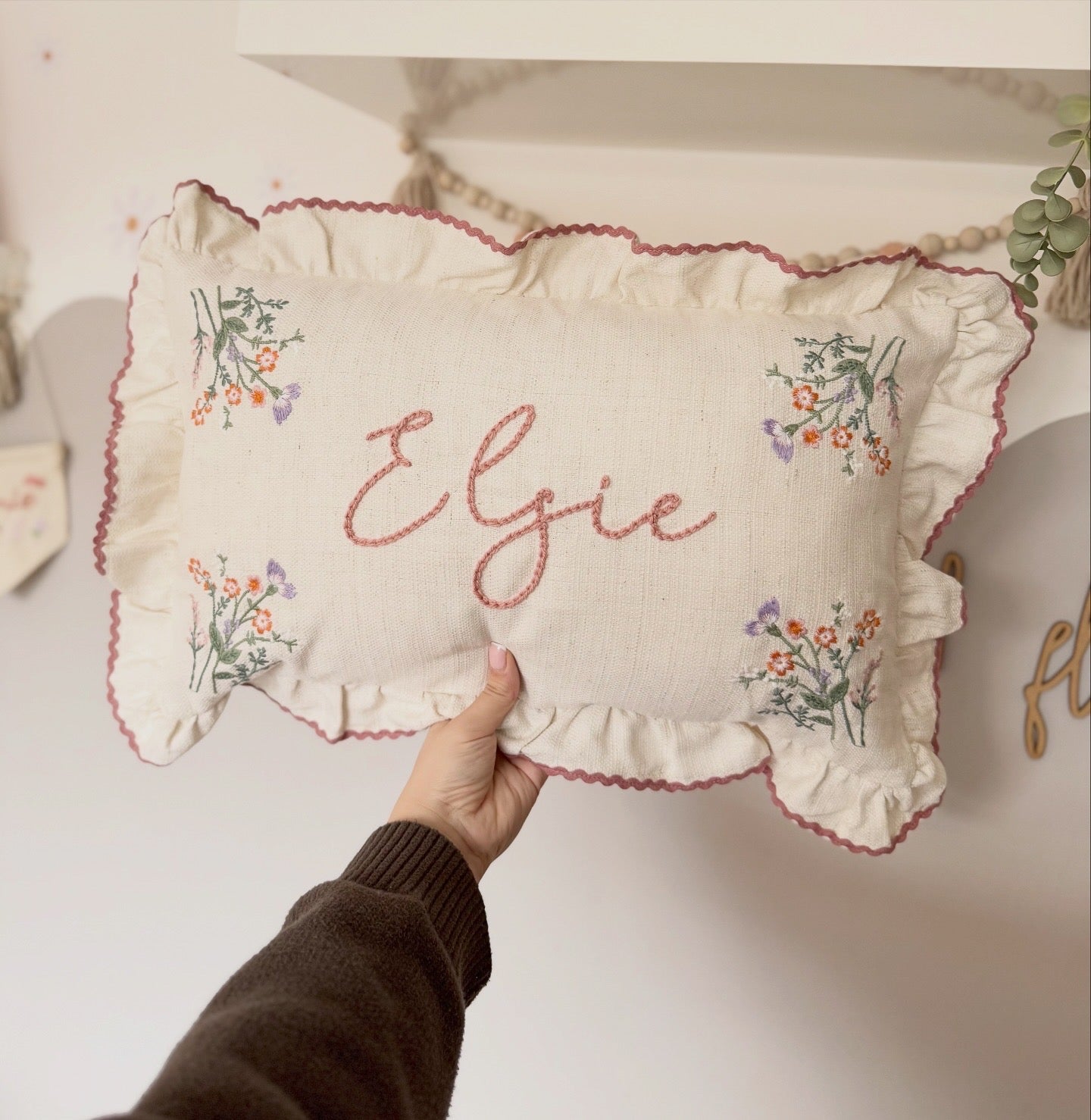 Hand embroidered floral cushion