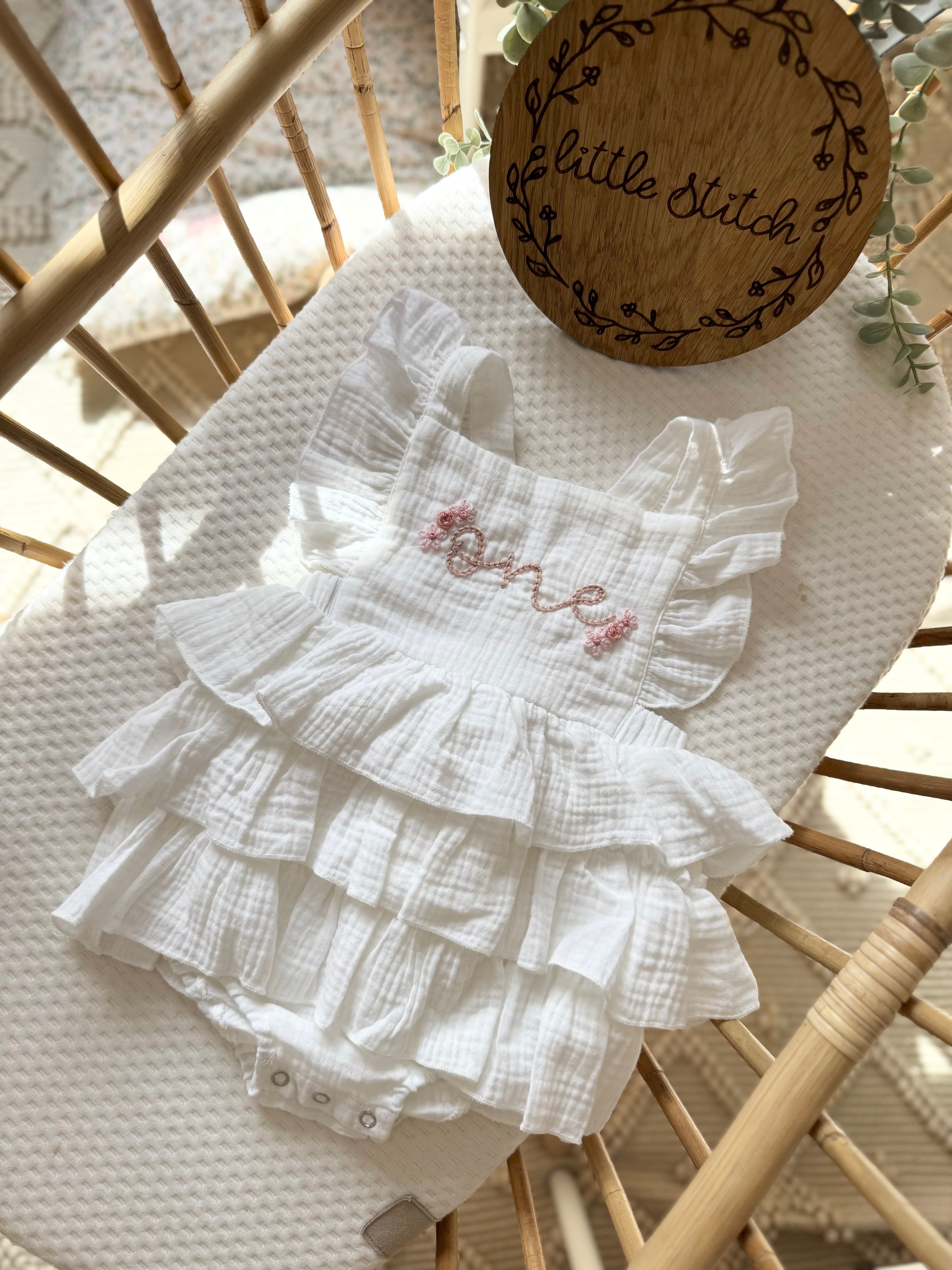 Ready to post- white floral cluster romper- 12-18 (bigger fitting)