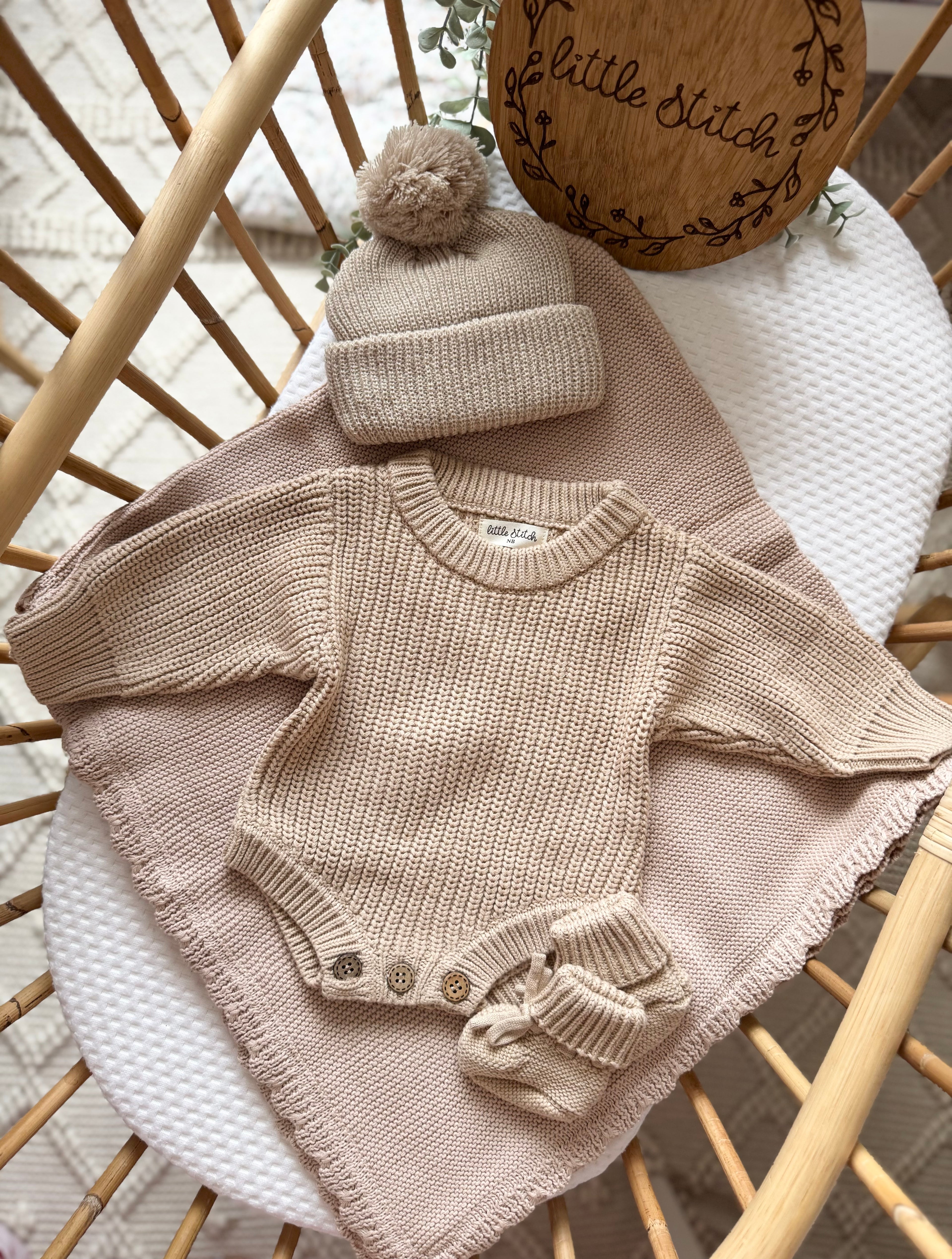 Beige 4 piece set - newborn romper - add name to notes