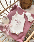 Name and bow design scallop sleeveless romper
