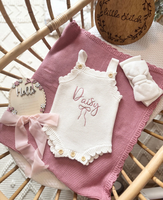 Name and bow design scallop sleeveless romper