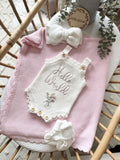 Summer scallop romper with hand embroidered floral bouquet (add a name instead of hello world too!)