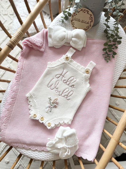 Summer scallop romper with hand embroidered floral bouquet (add a name instead of hello world too!)