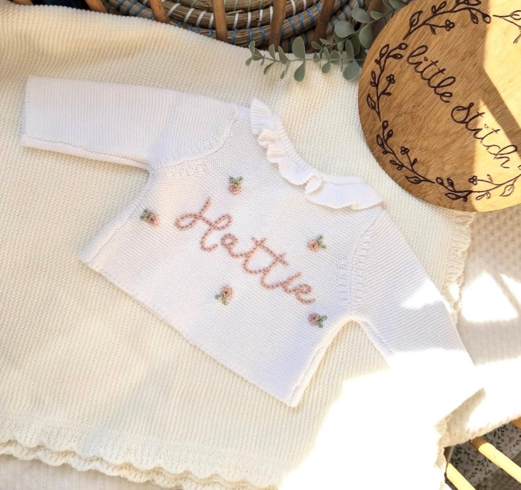 Cream frilly cardigan - name and rose design