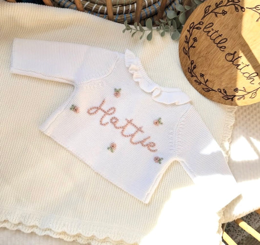 Cream frilly cardigan - name and rose design