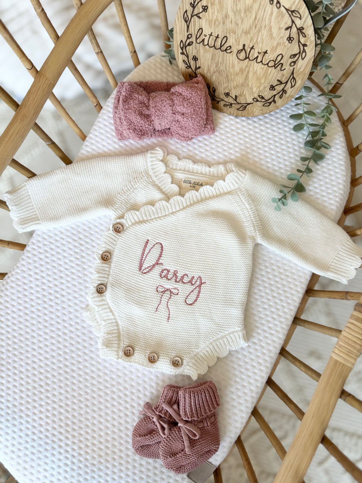 Name and bow design scallop romper