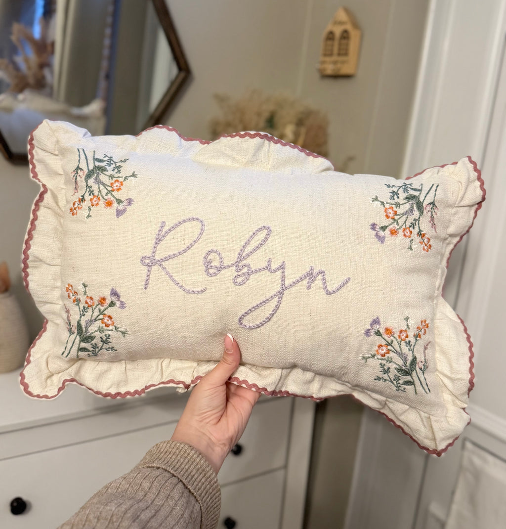 Hand embroidered floral cushion