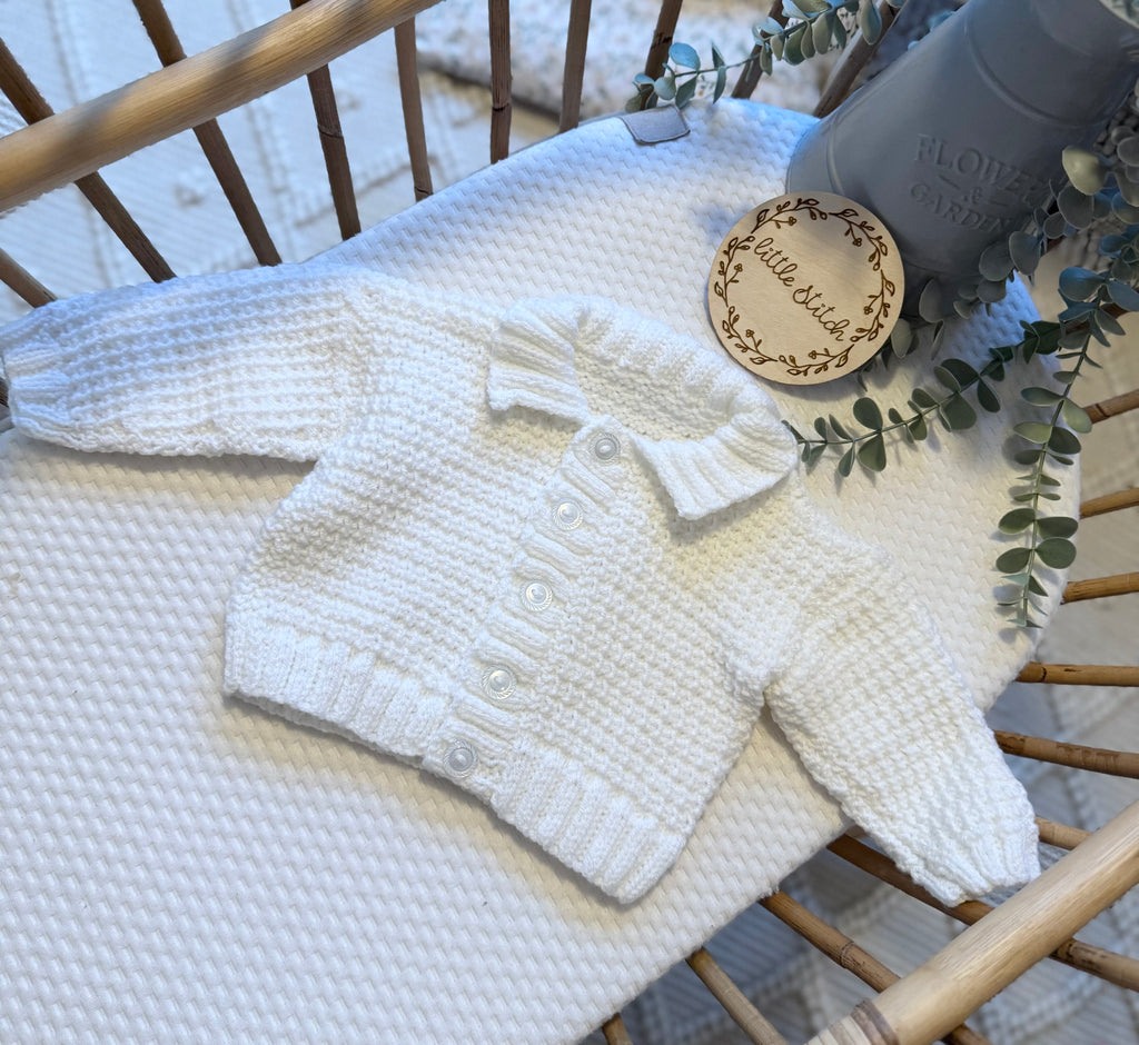 White 6-9m handknitted cardigan