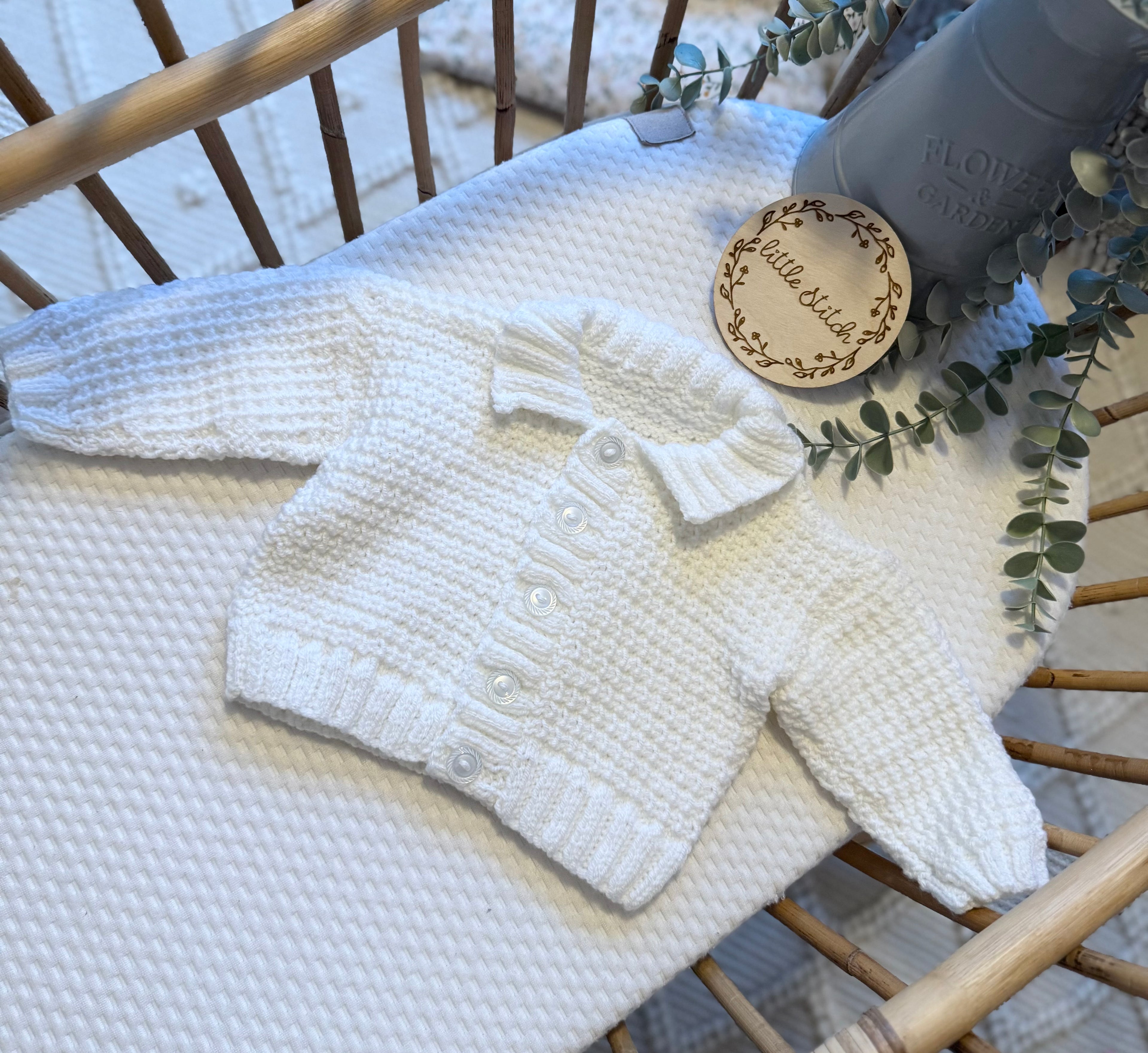 White 6-9m handknitted cardigan