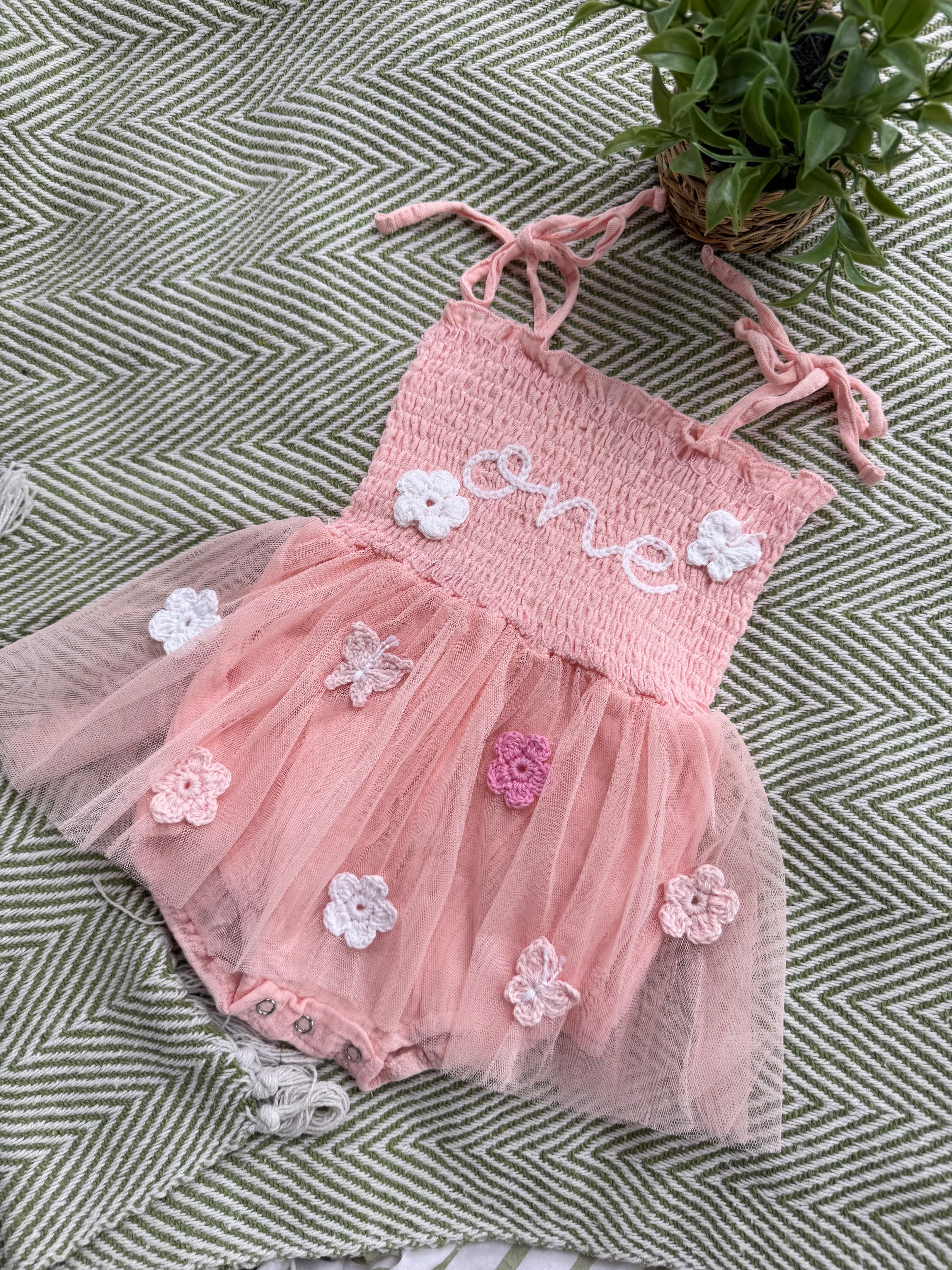 Pink crotchet dress 9-12m